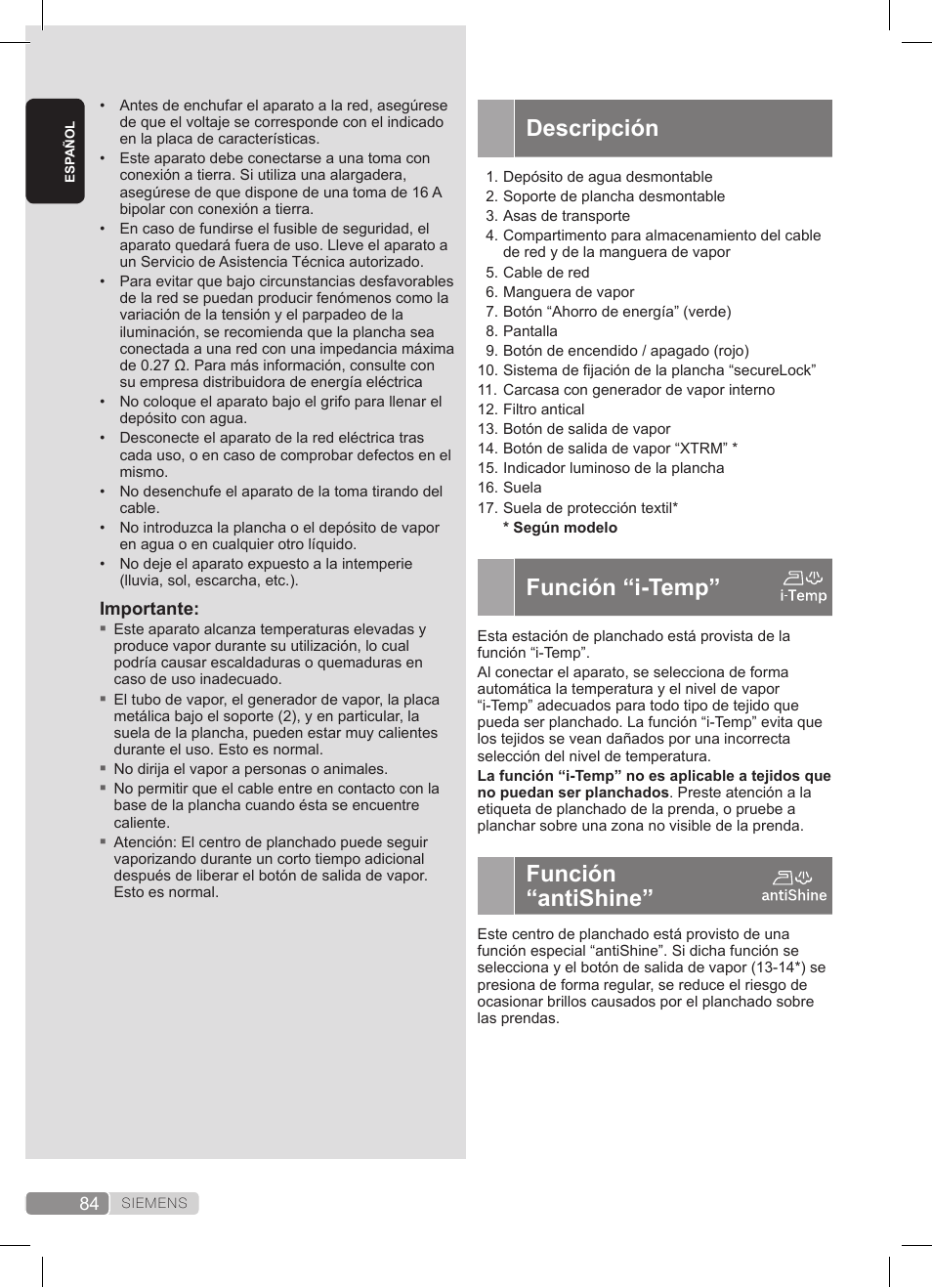 Descripción, Función “i-temp, Función “antishine | Siemens TS45359 User Manual | Page 84 / 172