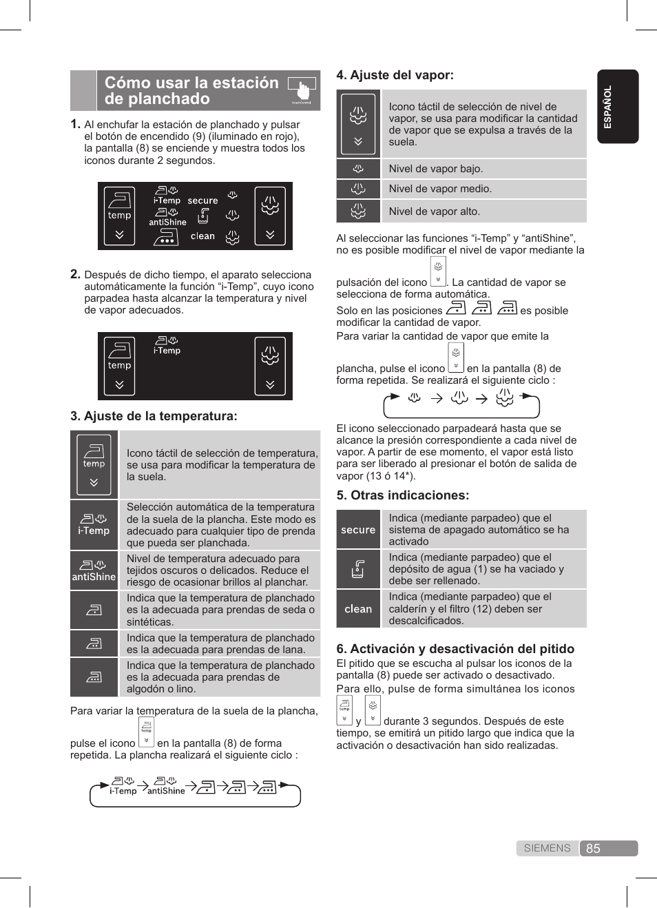 Cómo usar la estación de planchado | Siemens TS45359 User Manual | Page 85 / 172