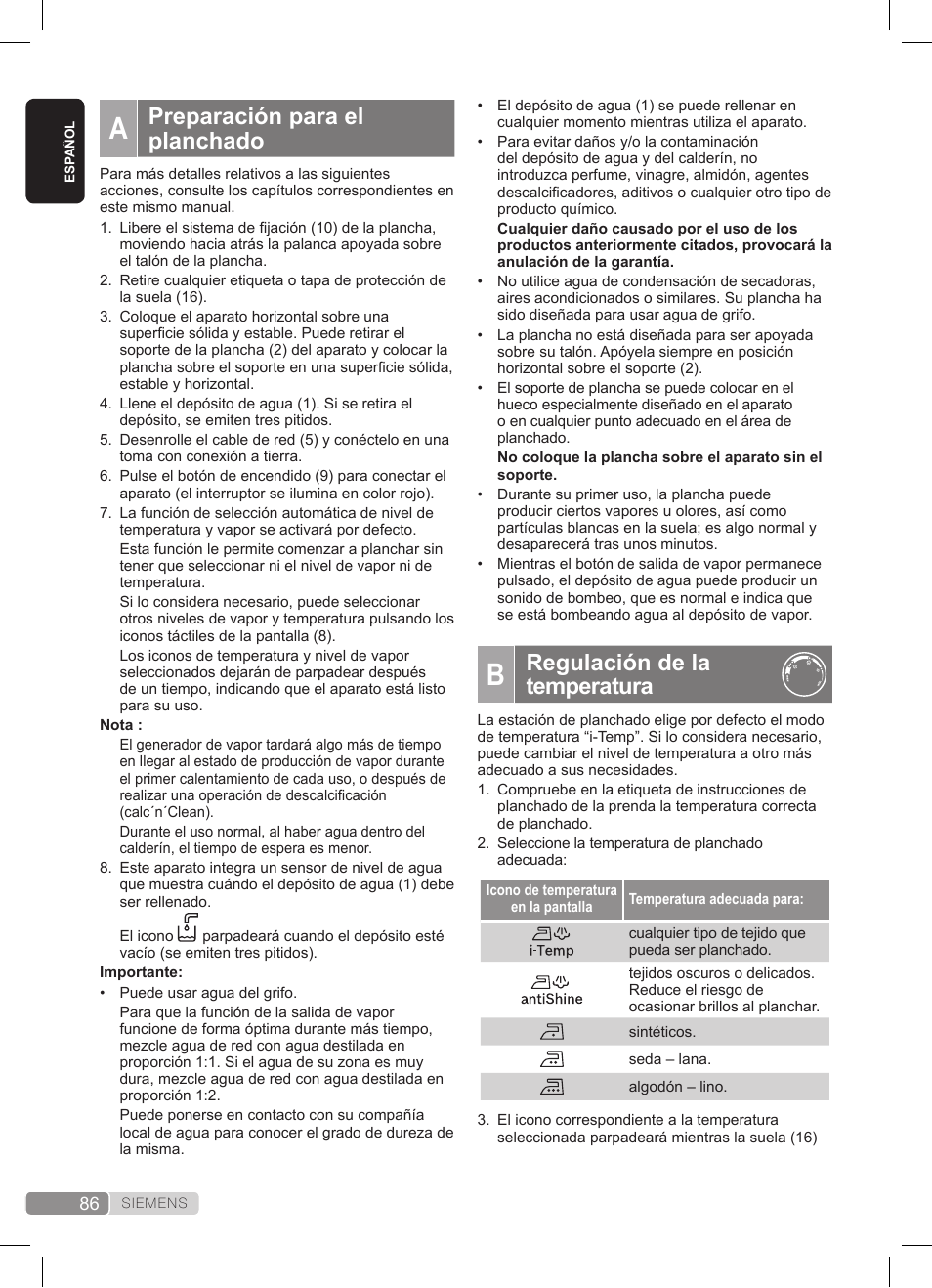 Preparación para el planchado, Regulación de la temperatura | Siemens TS45359 User Manual | Page 86 / 172