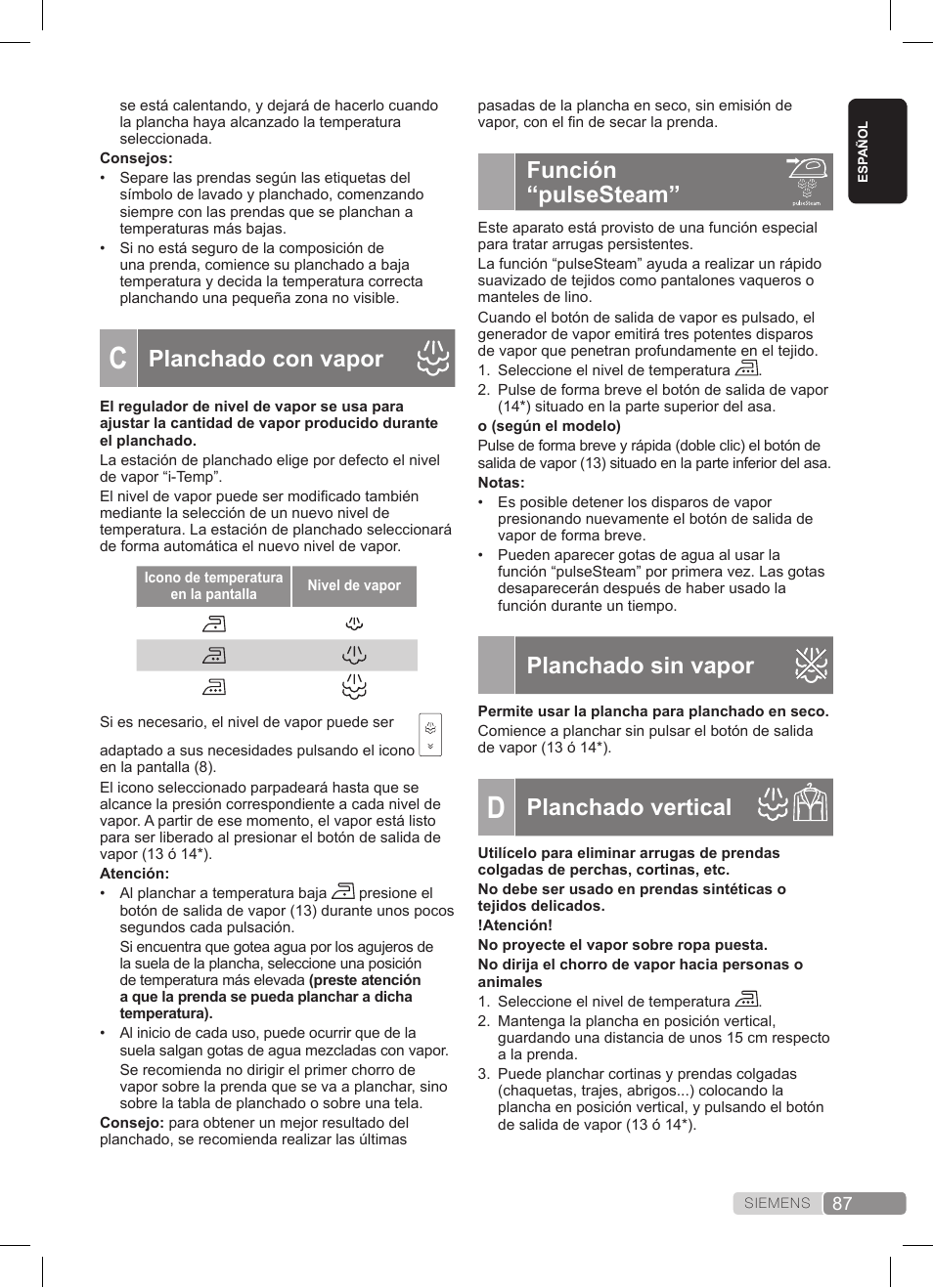 Función “pulsesteam, Planchado sin vapor, Planchado vertical | Planchado con vapor | Siemens TS45359 User Manual | Page 87 / 172