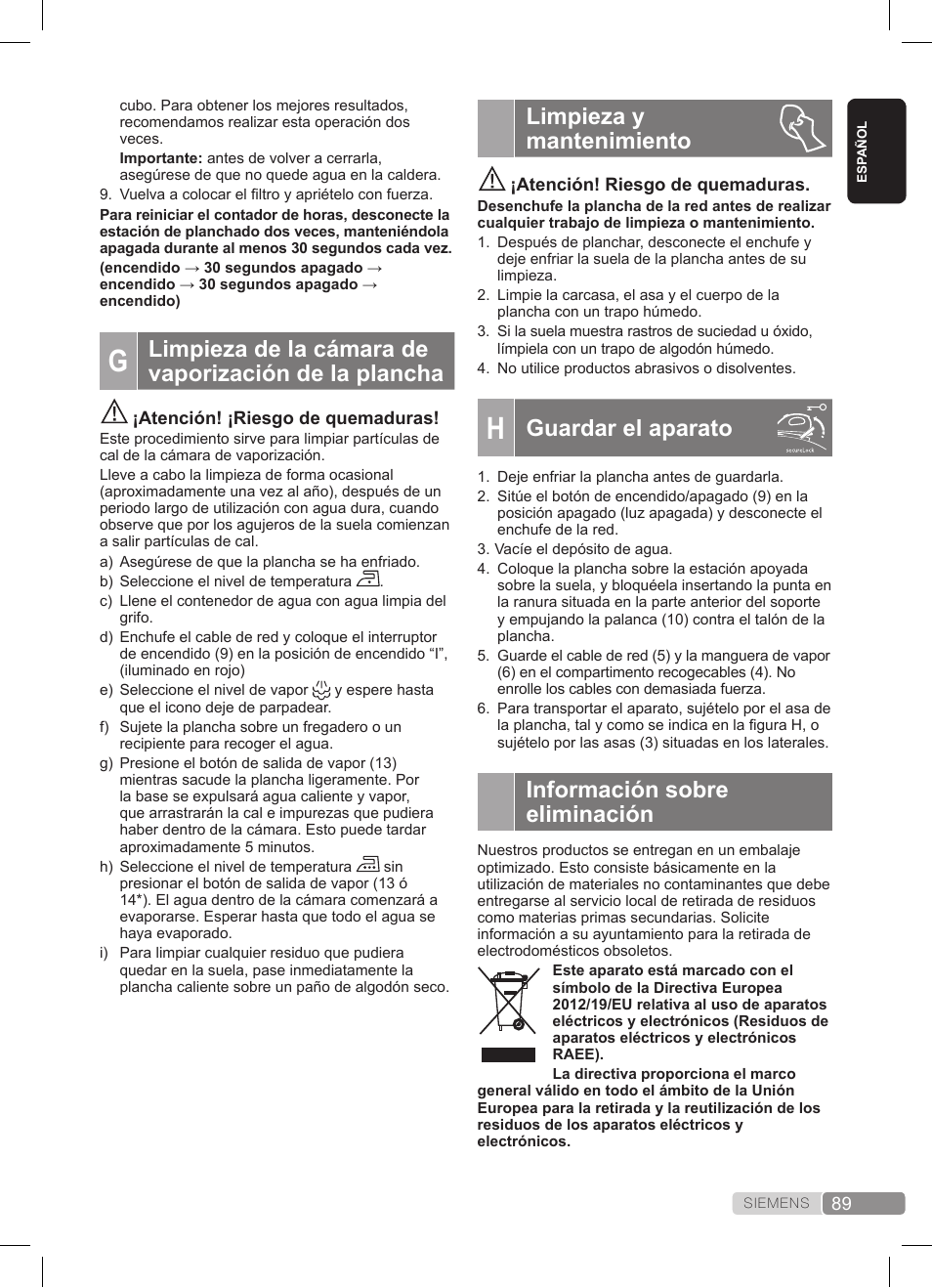 Limpieza y mantenimiento, Guardar el aparato, Información sobre eliminación | Siemens TS45359 User Manual | Page 89 / 172