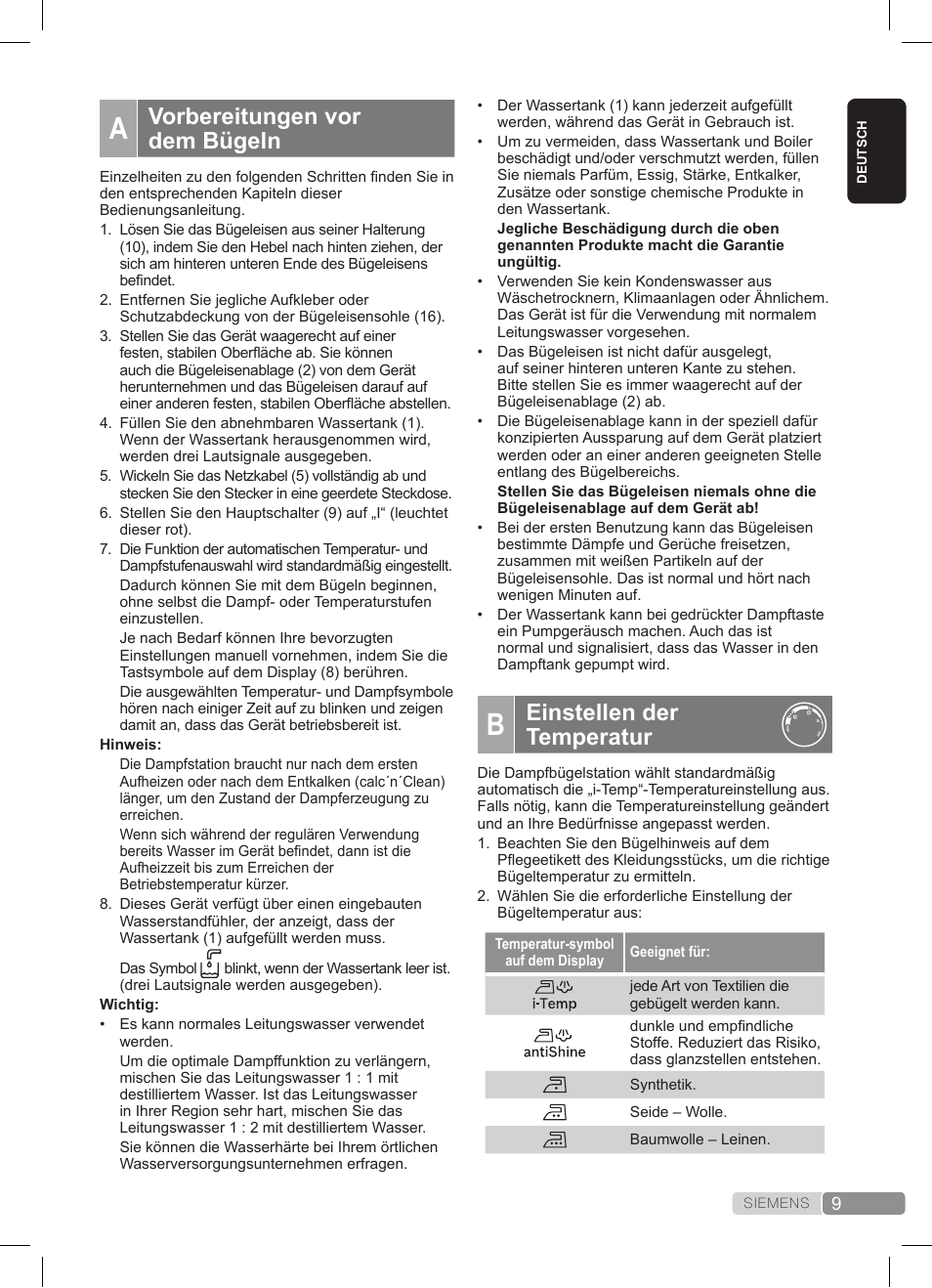 Einstellen der temperatur, Vorbereitungen vor dem bügeln | Siemens TS45359 User Manual | Page 9 / 172