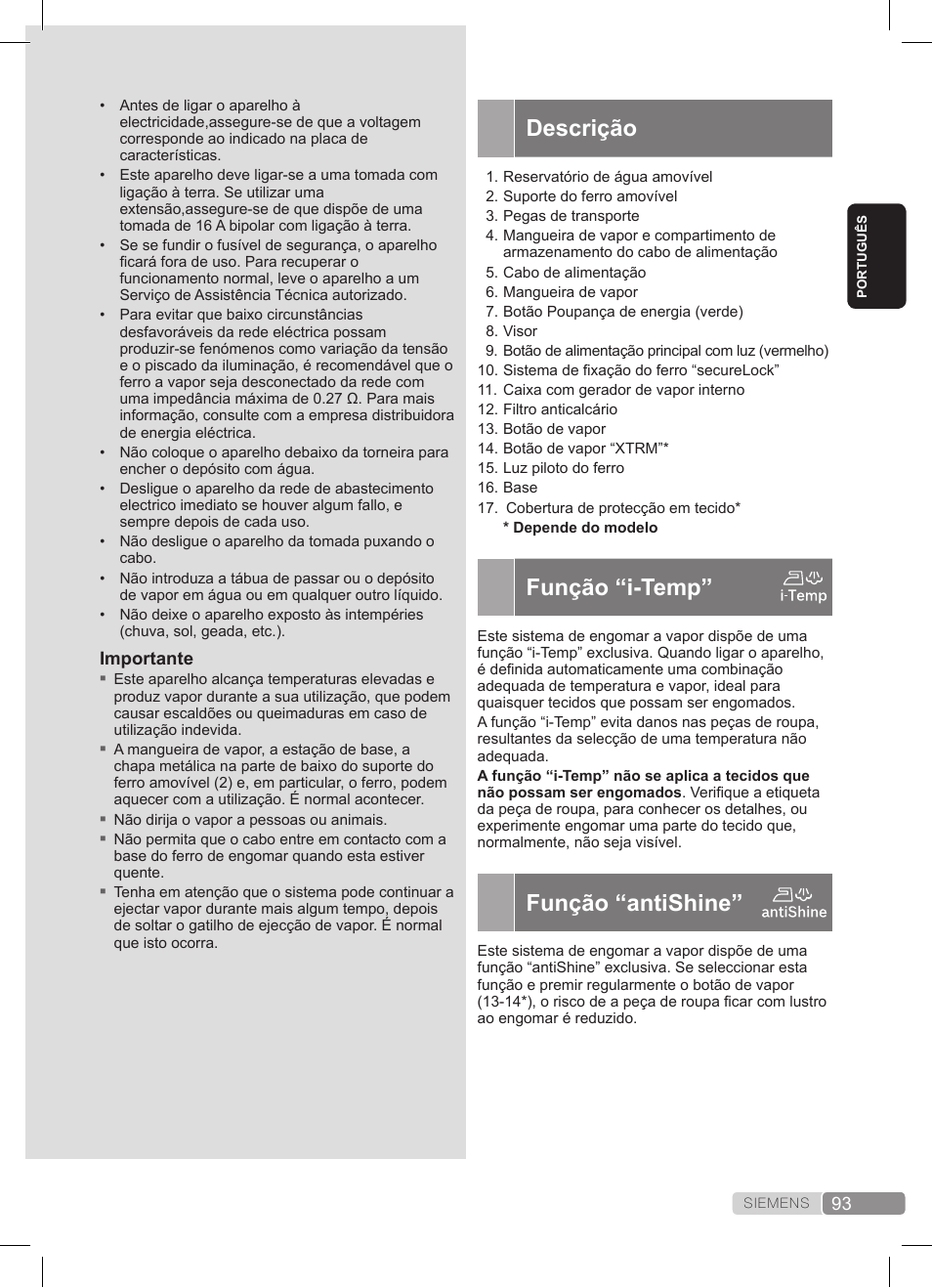 Descrição, Função “i-temp, Função “antishine | Siemens TS45359 User Manual | Page 93 / 172