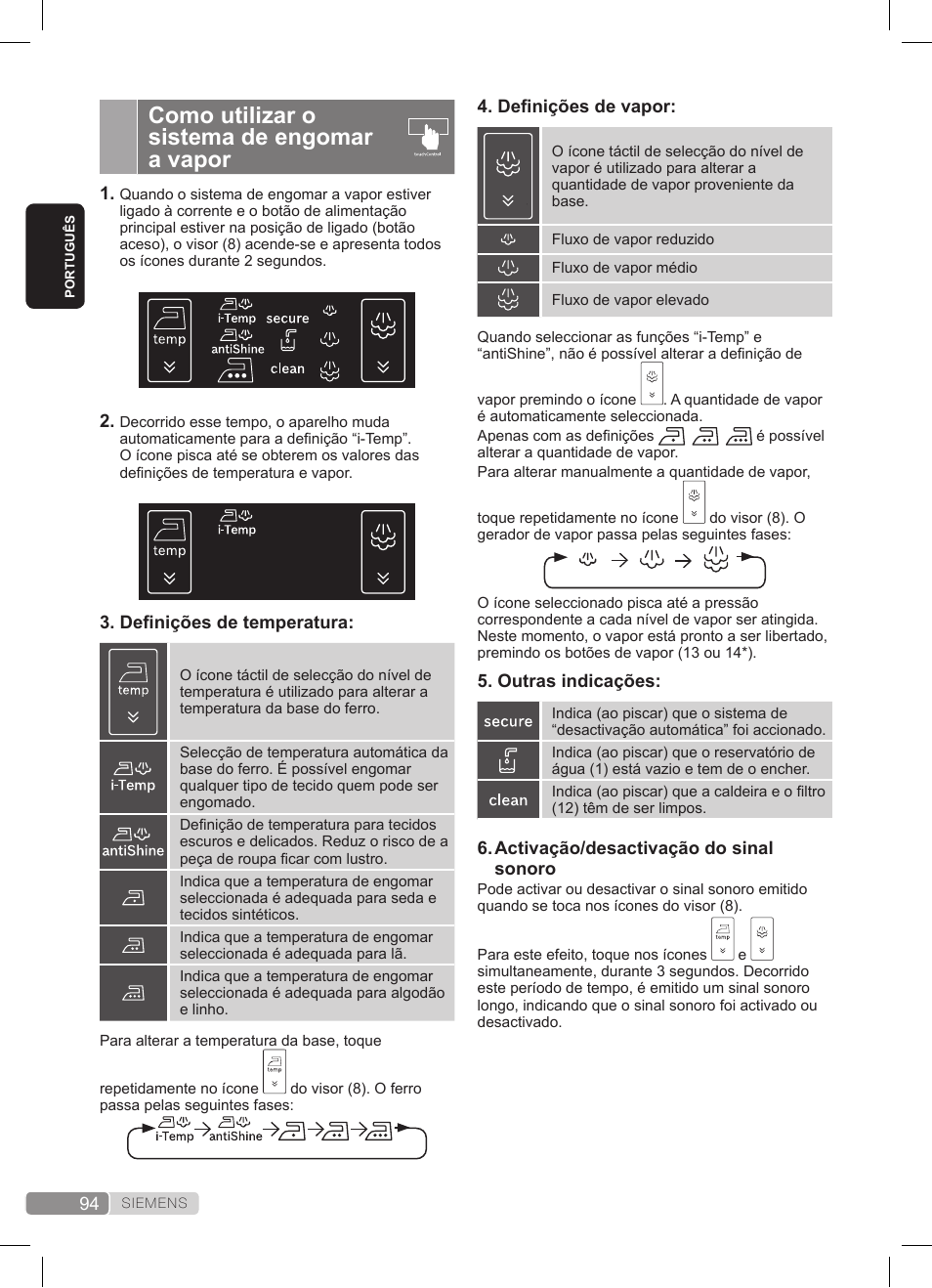 Como utilizar o sistema de engomar a vapor | Siemens TS45359 User Manual | Page 94 / 172