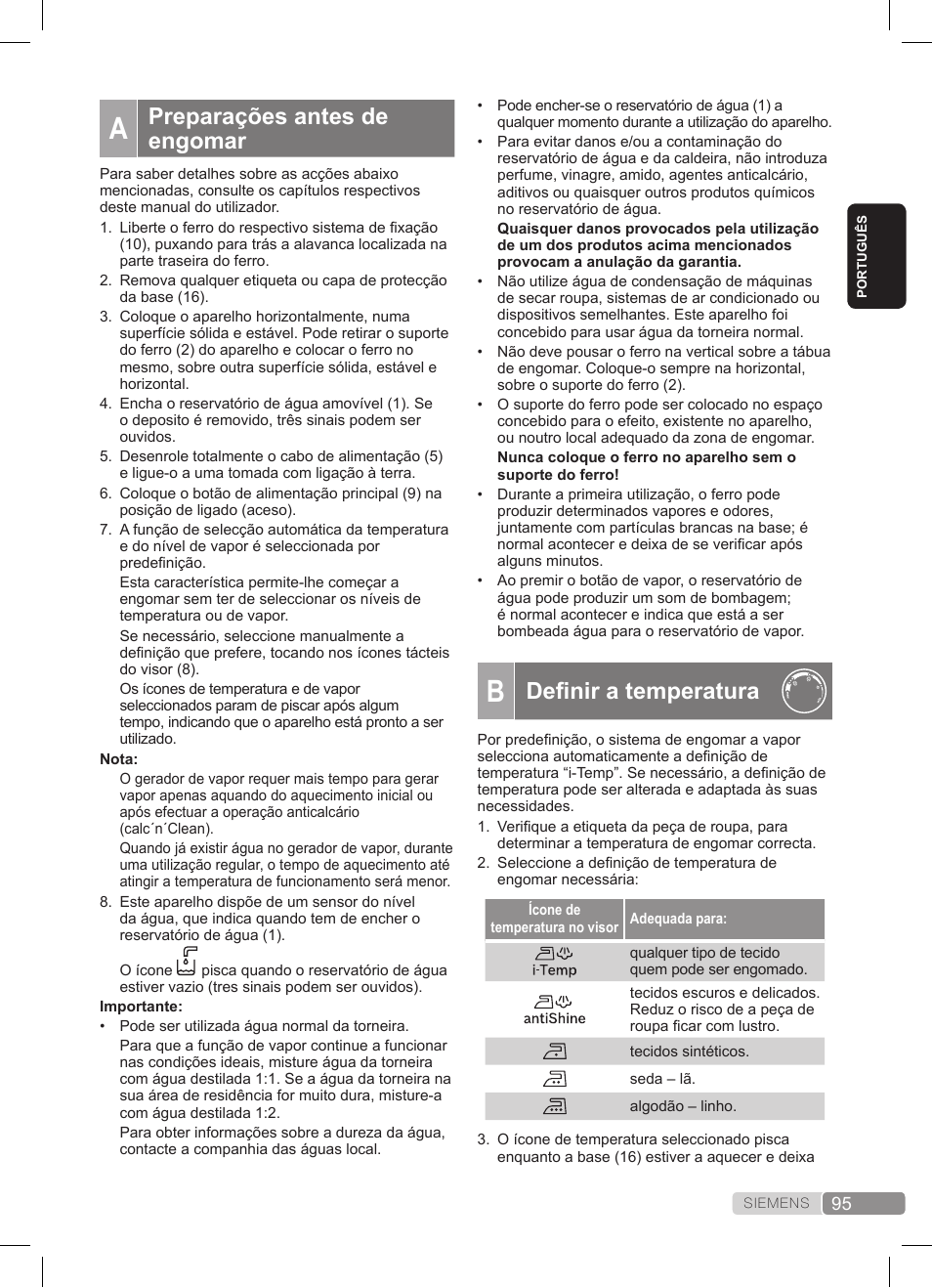 Definir a temperatura, Preparações antes de engomar | Siemens TS45359 User Manual | Page 95 / 172