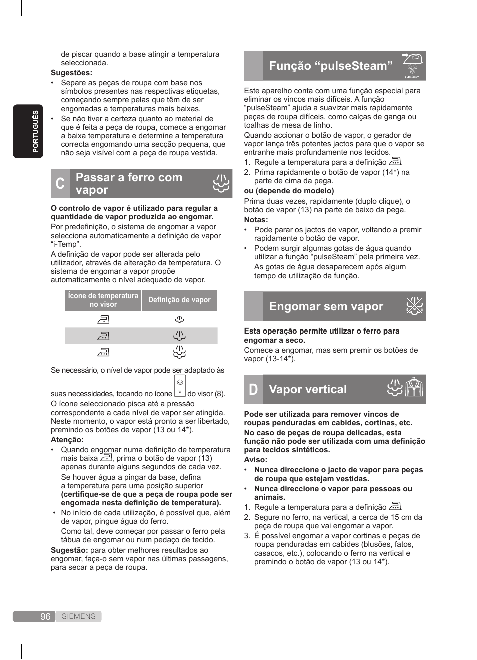 Função “pulsesteam, Engomar sem vapor, Vapor vertical | Passar a ferro com vapor | Siemens TS45359 User Manual | Page 96 / 172