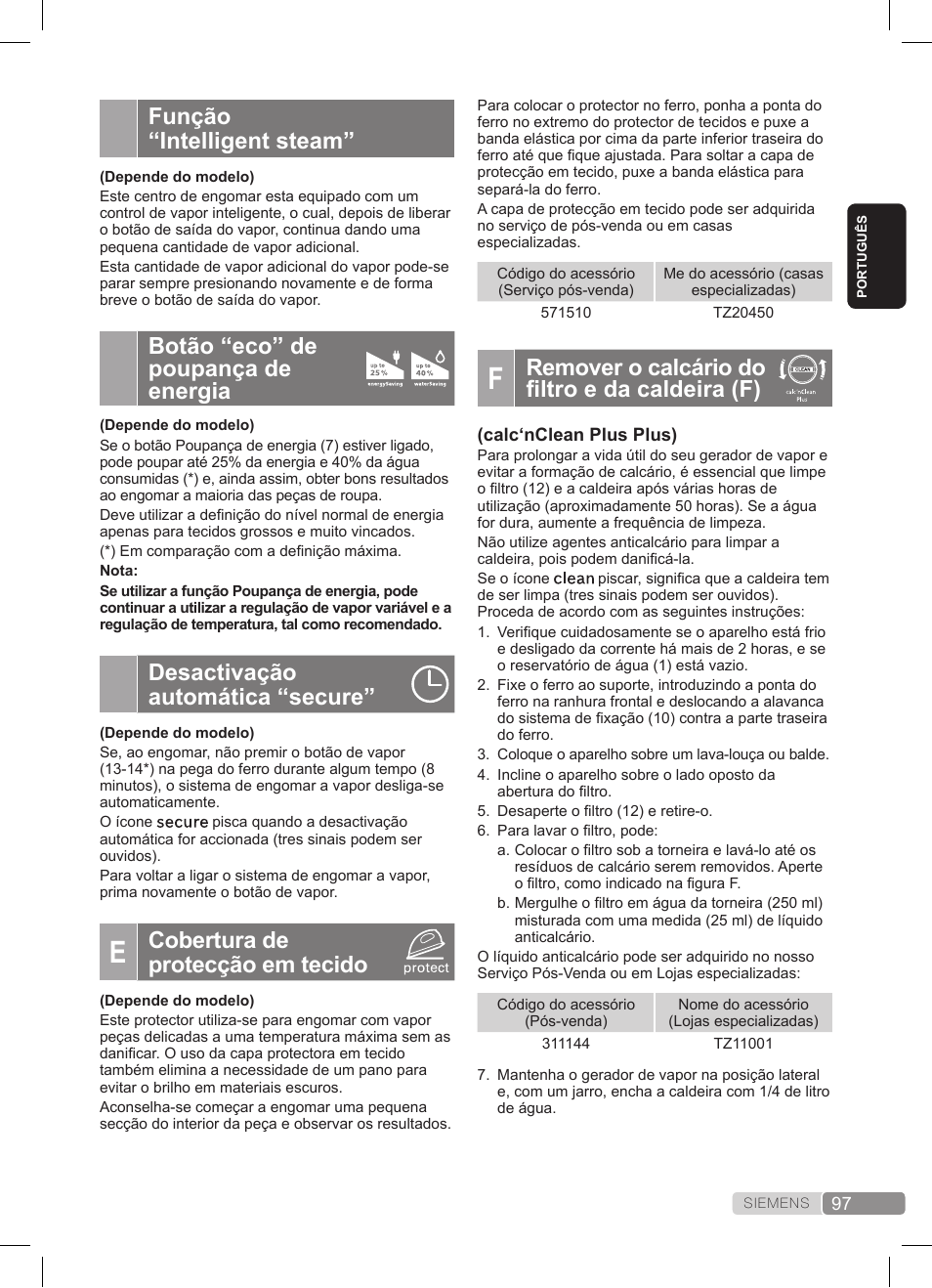 Remover o calcário do filtro e da caldeira (f), Função “intelligent steam, Botão “eco” de poupança de energia | Desactivação automática “secure, Cobertura de protecção em tecido | Siemens TS45359 User Manual | Page 97 / 172