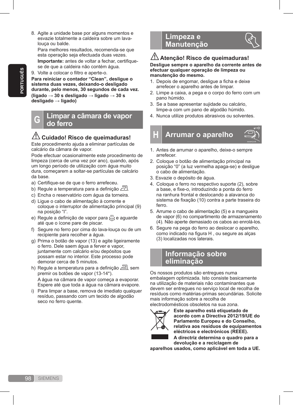 Limpeza e manutenção, Arrumar o aparelho, Informação sobre eliminação | Limpar a câmara de vapor do ferro | Siemens TS45359 User Manual | Page 98 / 172