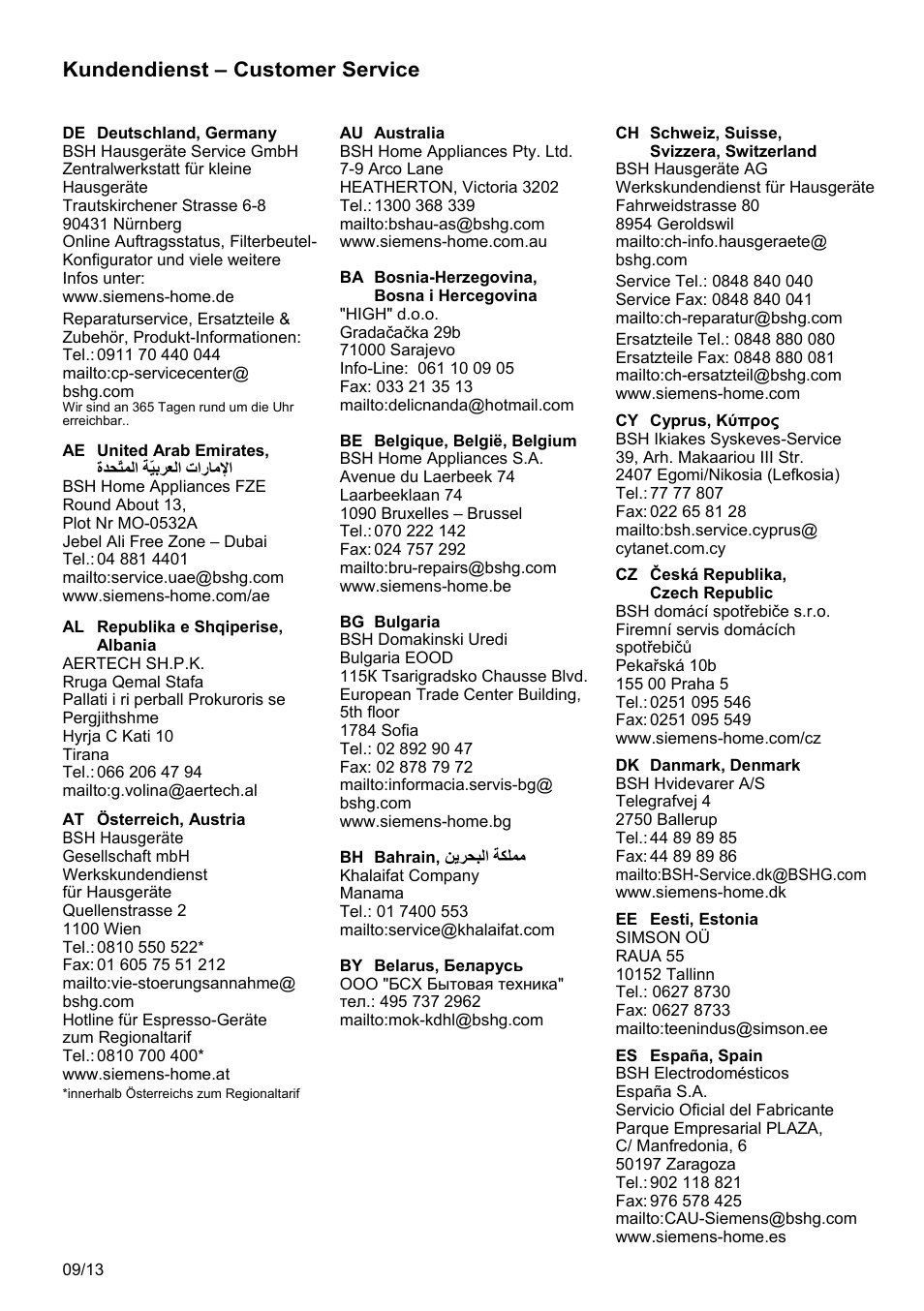 Kundendienst – customer service | Siemens TC80104 User Manual | Page 102 / 106