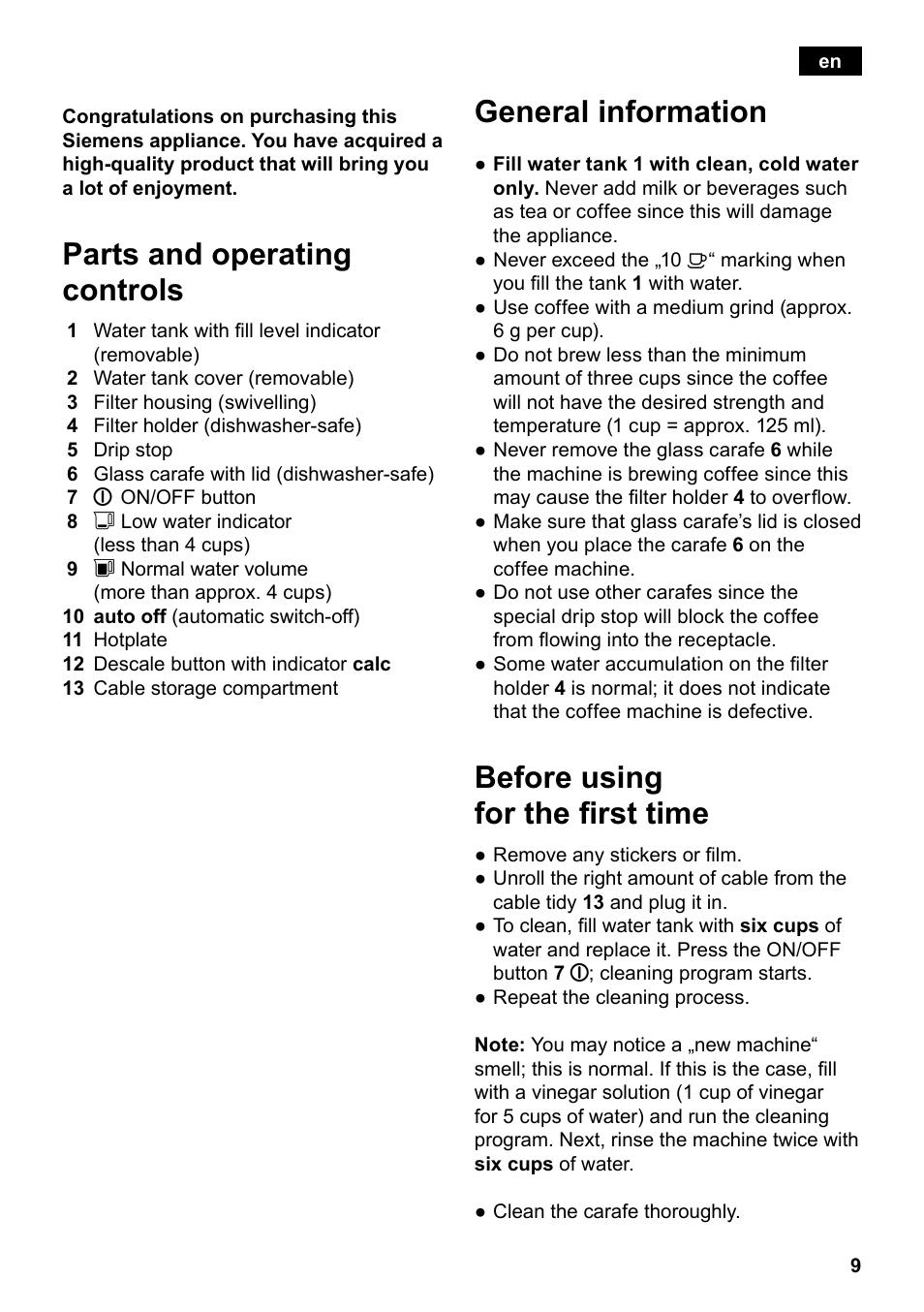 Parts and operating controls, General information, Before using for the first time | Siemens TC80104 User Manual | Page 11 / 106