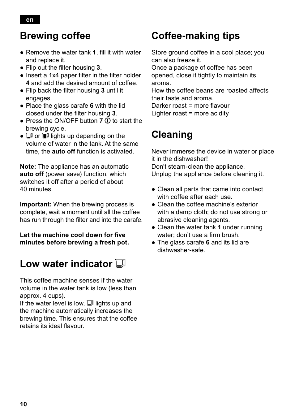 Brewing coffee, Low water indicator j, Coffee-making tips | Cleaning | Siemens TC80104 User Manual | Page 12 / 106