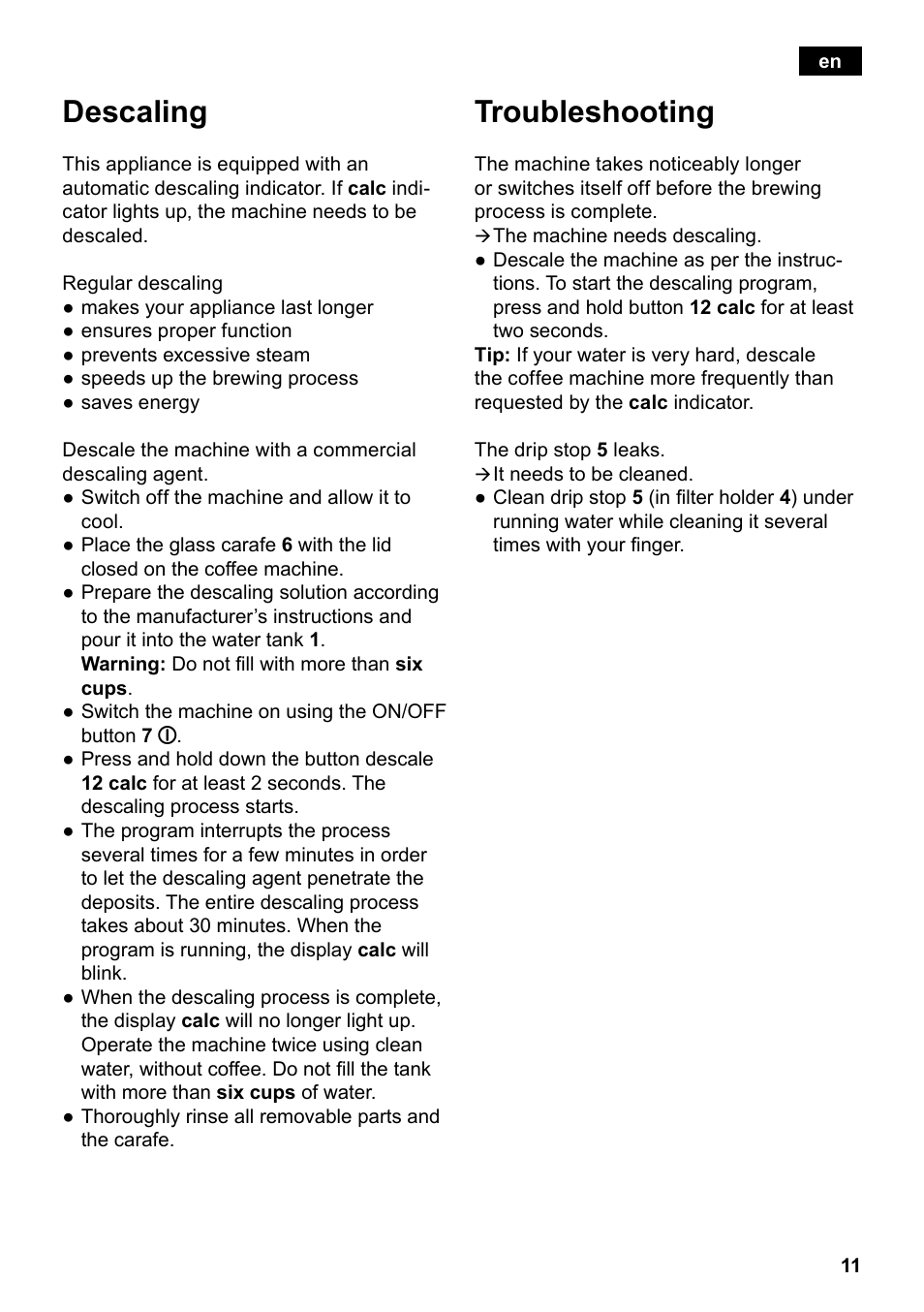 Descaling, Troubleshooting | Siemens TC80104 User Manual | Page 13 / 106