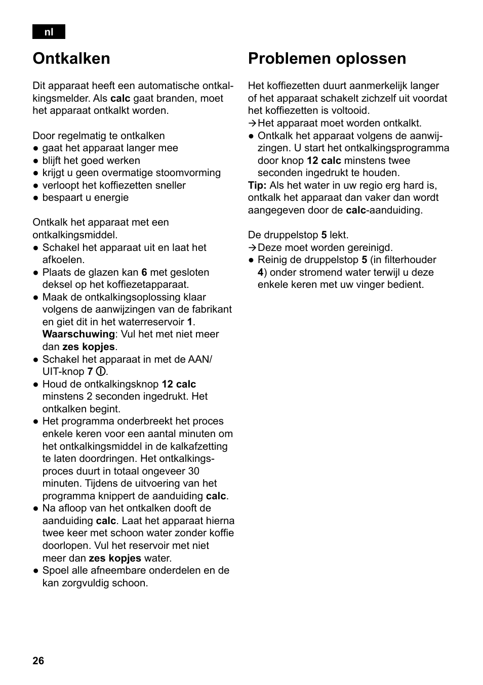 Ontkalken, Problemen oplossen | Siemens TC80104 User Manual | Page 28 / 106