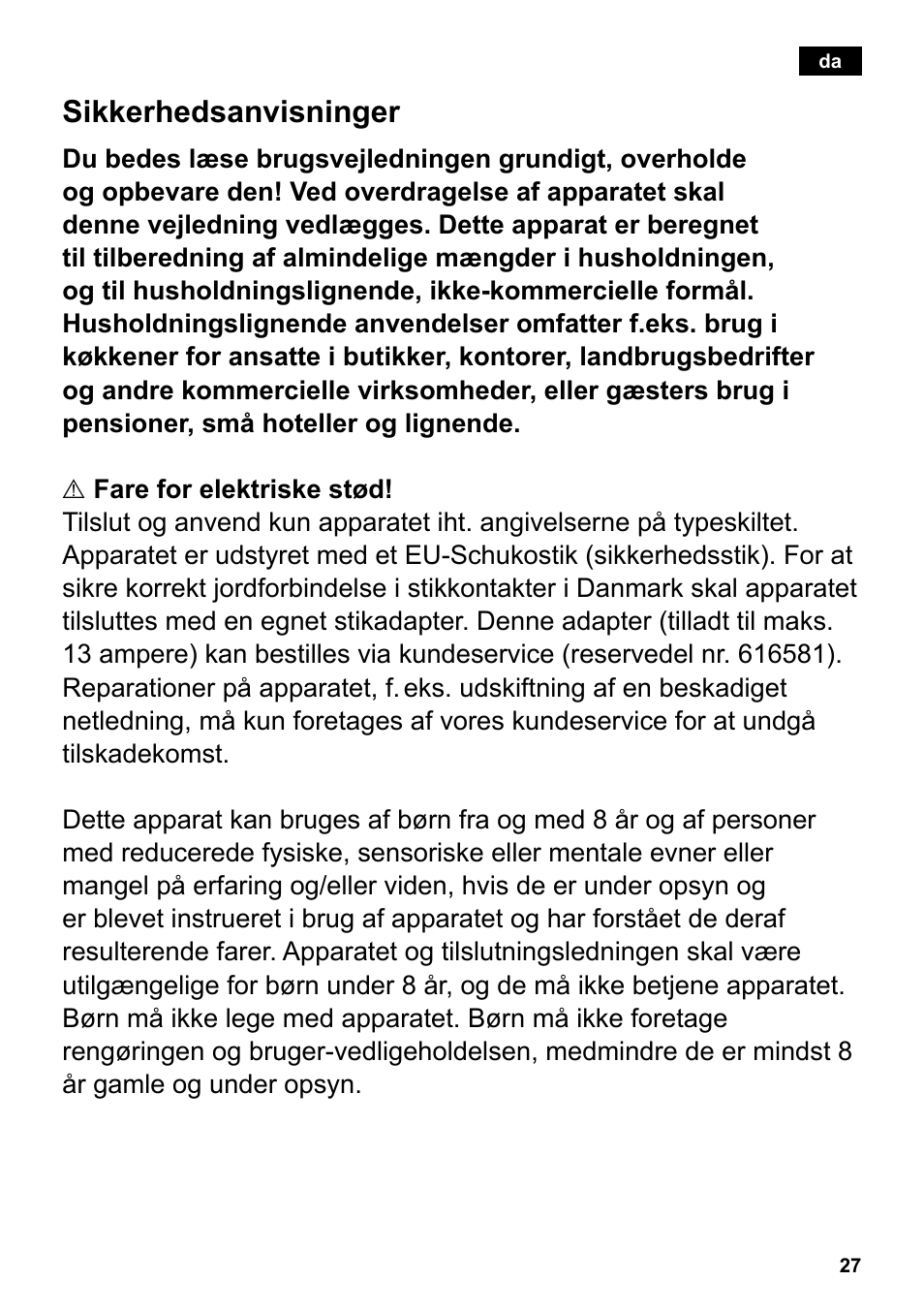 Sikkerhedsanvisninger | Siemens TC80104 User Manual | Page 29 / 106