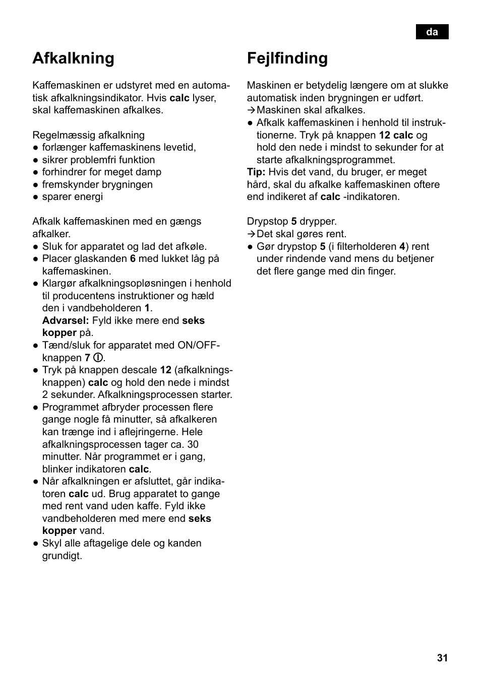 Afkalkning, Fejlfinding | Siemens TC80104 User Manual | Page 33 / 106