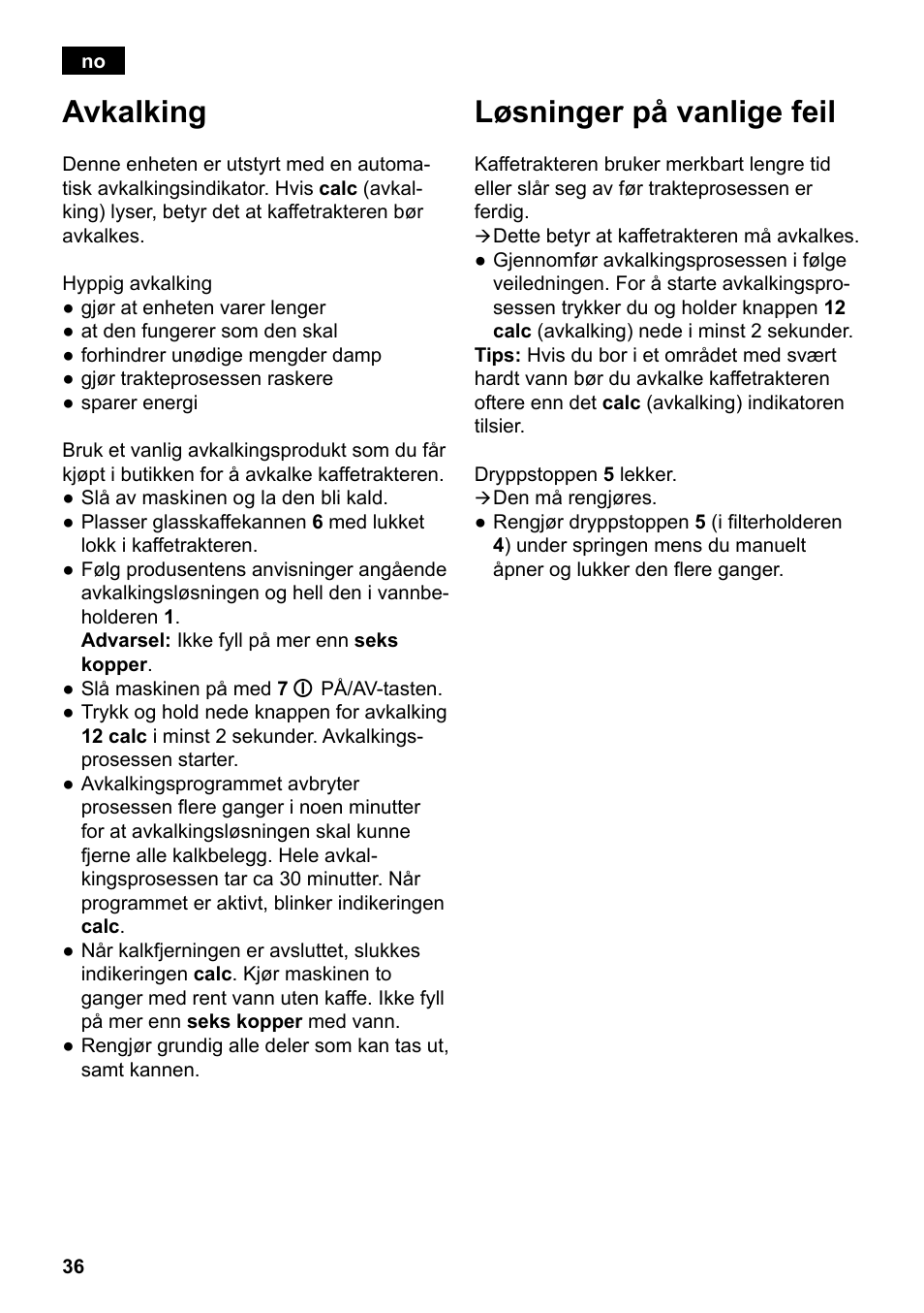 Avkalking, Løsninger på vanlige feil | Siemens TC80104 User Manual | Page 38 / 106