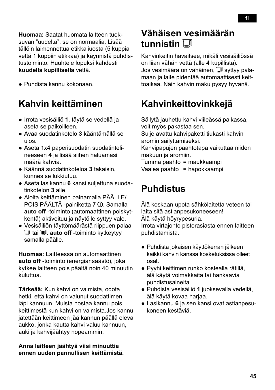 Kahvin keittäminen, Vähäisen vesimäärän tunnistin j, Kahvinkeittovinkkejä | Puhdistus | Siemens TC80104 User Manual | Page 47 / 106