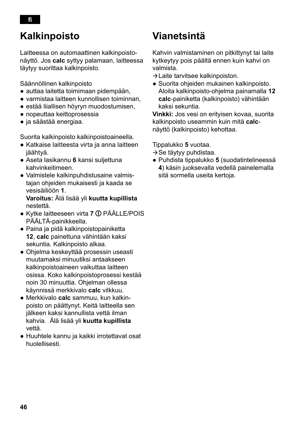 Kalkinpoisto, Vianetsintä | Siemens TC80104 User Manual | Page 48 / 106