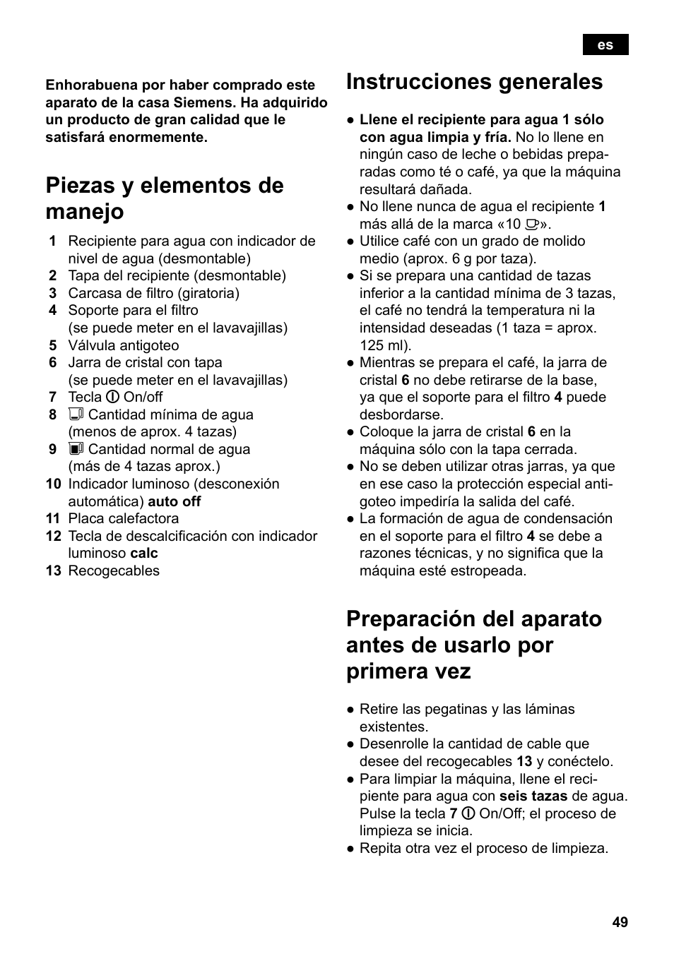 Piezas y elementos de manejo, Instrucciones generales | Siemens TC80104 User Manual | Page 51 / 106