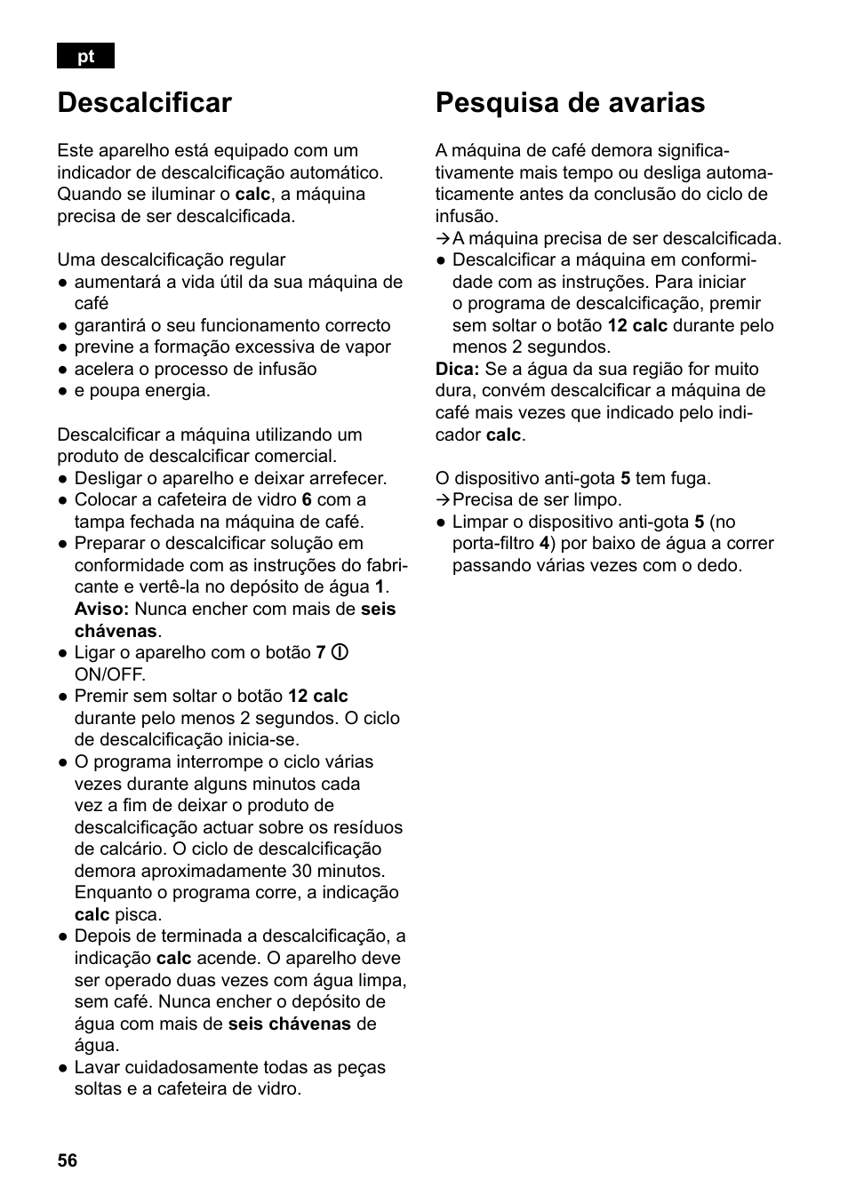 Descalcificar, Pesquisa de avarias | Siemens TC80104 User Manual | Page 58 / 106