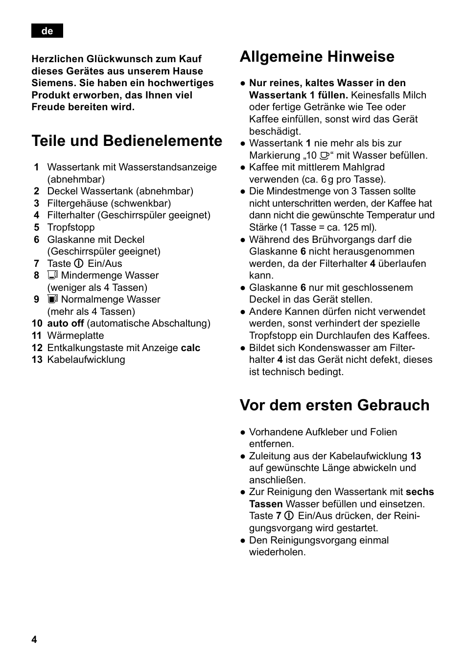 Teile und bedienelemente, Allgemeine hinweise, Vor dem ersten gebrauch | Siemens TC80104 User Manual | Page 6 / 106