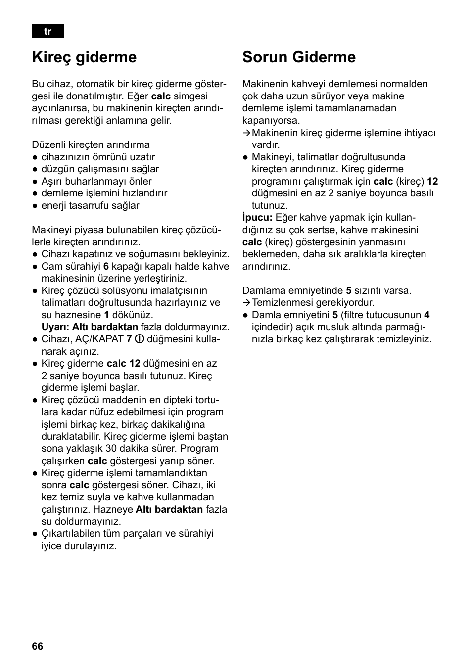 Kireç giderme, Sorun giderme | Siemens TC80104 User Manual | Page 68 / 106