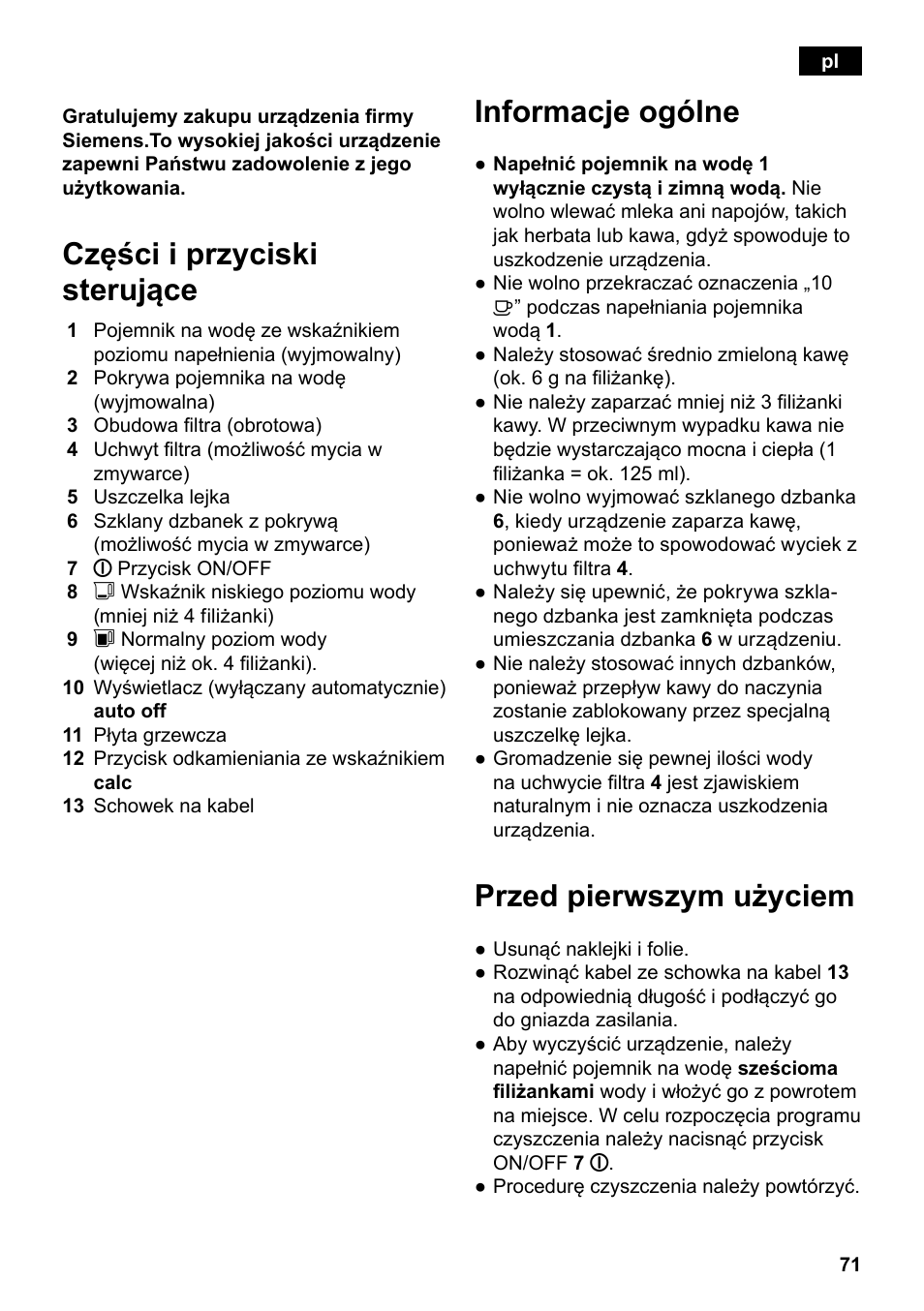 Części i przyciski sterujące, Informacje ogólne, Przed pierwszym użyciem | Siemens TC80104 User Manual | Page 73 / 106