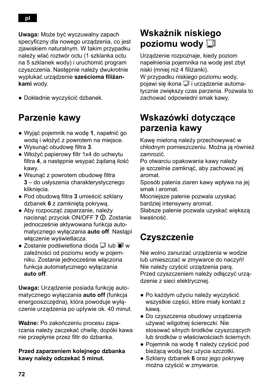 Parzenie kawy, Wskaźnik niskiego poziomu wody j, Wskazówki dotyczące parzenia kawy | Czyszczenie | Siemens TC80104 User Manual | Page 74 / 106