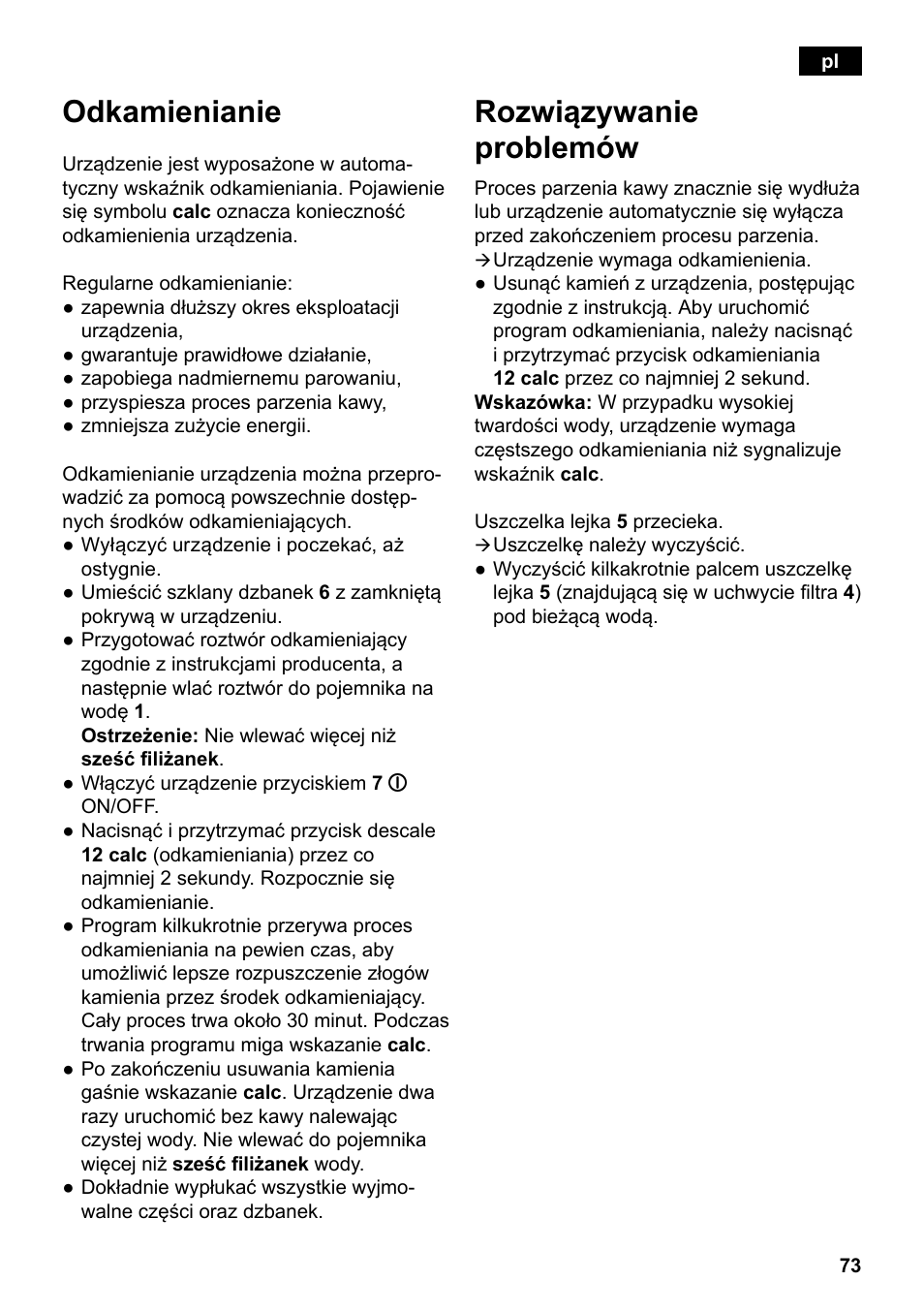 Odkamienianie, Rozwiązywanie problemów | Siemens TC80104 User Manual | Page 75 / 106
