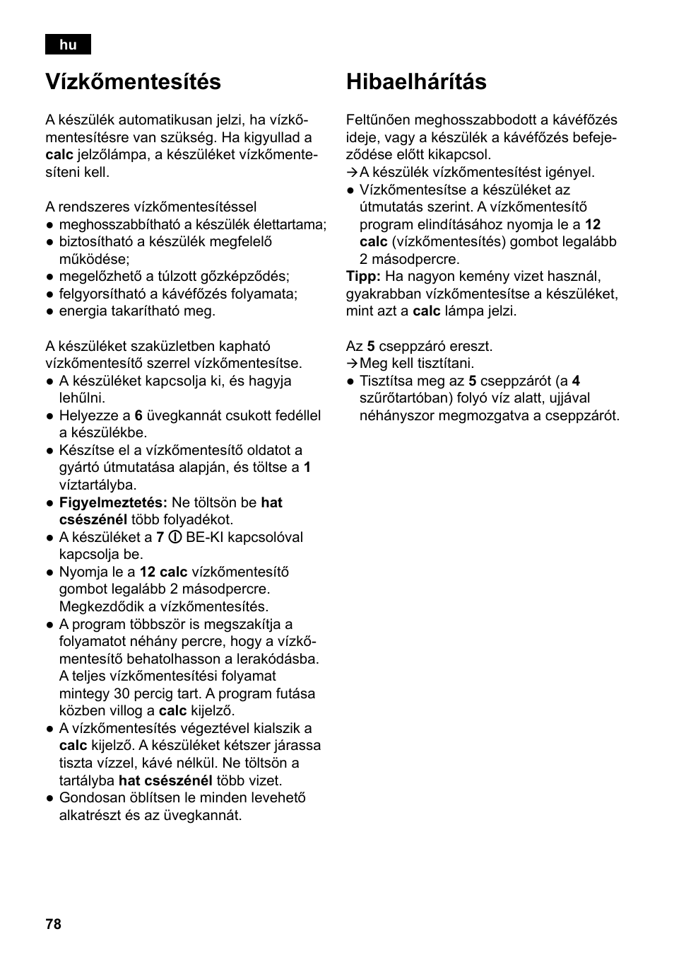 Vízkőmentesítés, Hibaelhárítás | Siemens TC80104 User Manual | Page 80 / 106