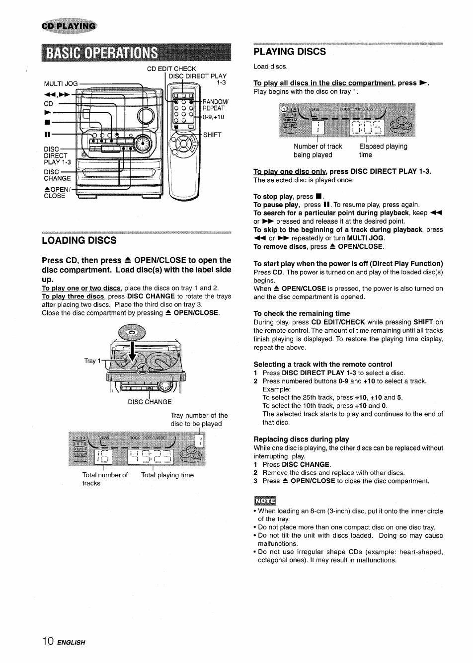 Basic operation, Loading discs, Playing discs | To play all discs in the disc compartment, press, To play one disc only, press disc direct play 1-3, To check the remaining time, Selecting a track with the remote control, Replacing discs during play, 1 press disc change, Basic operations | Aiwa CX-NA222 User Manual | Page 10 / 64