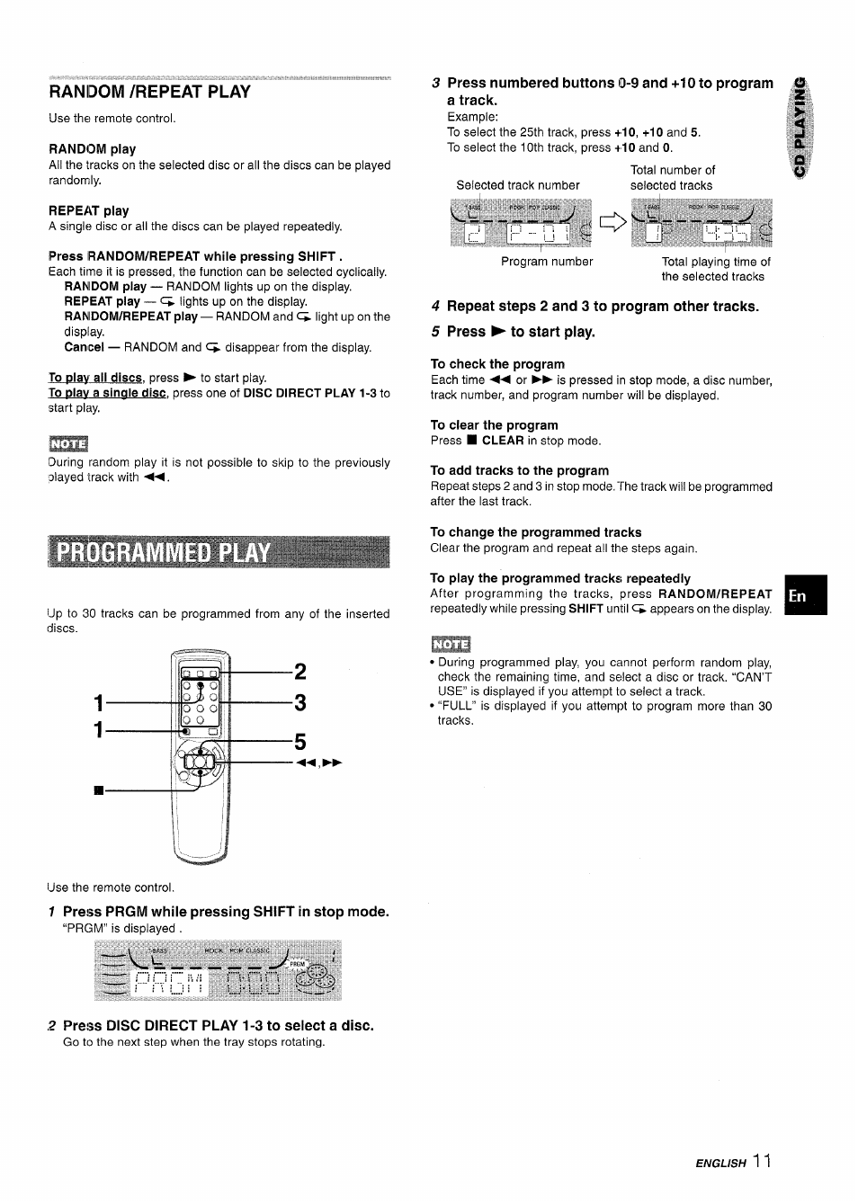 Random /repeat play, Random play, Repeat play | Press random/repeat while pressing shift, 4 repeat steps 2 and 3 to program other tracks, 5 press ► to start play, To check the program, To add tracks to the program, To change the programmed tracks, To play the programmed tracks repeatedly | Aiwa CX-NA222 User Manual | Page 11 / 64