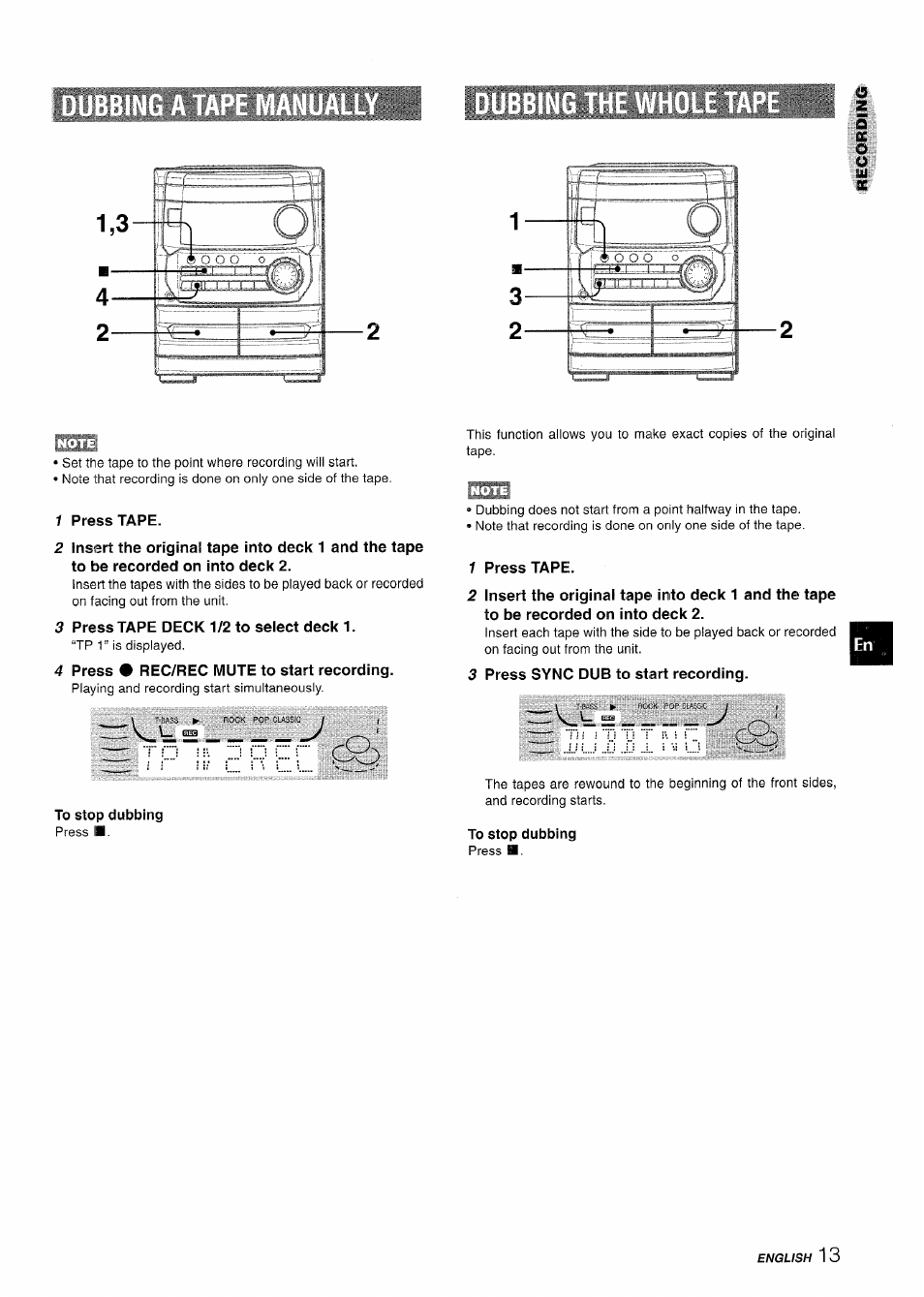 1 press tape, 3 press tape deck 1/2 to select deck 1, 4 press • rec/rec mute to start recording | 3 press sync dub to start recording, To stop dubbing | Aiwa CX-NA222 User Manual | Page 13 / 64