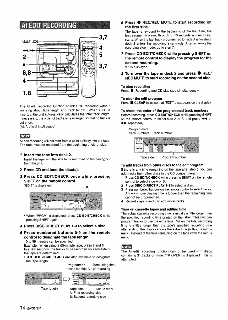 Al editrecordin, To stop recording, To clear the edit program | To check the order of the programmed track numbers, To add tracks from other discs to the edit program, Time on cassette tapes and editing time, Al edit recording | Aiwa CX-NA222 User Manual | Page 14 / 64