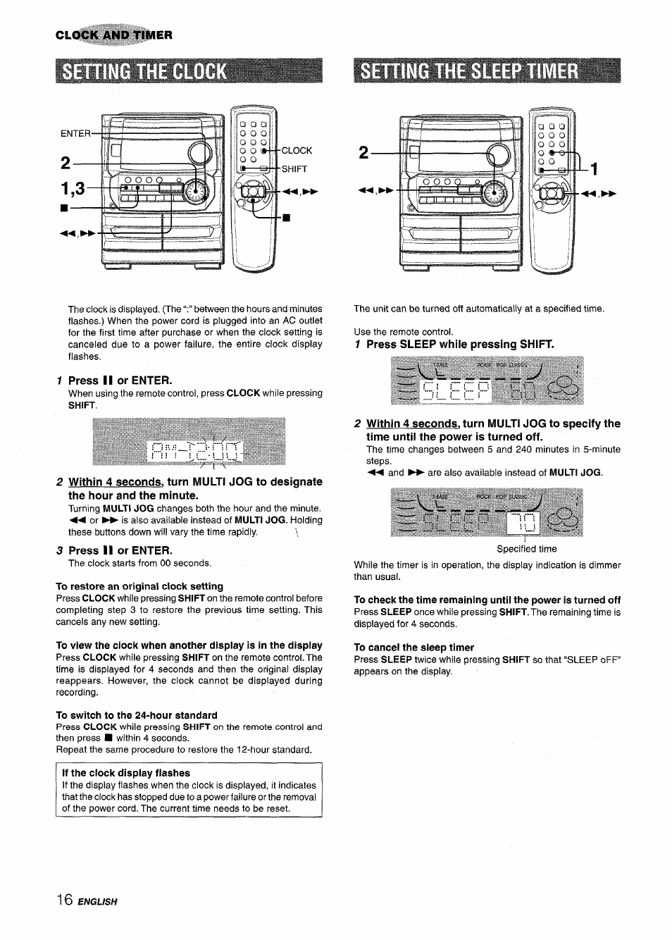 Setting the sleep tim, 1 press ii or enter, 3 press ii or enter | To switch to the 24-hour standard, If the clock display flashes, 1 press sleep while pressing shift, To cancel the sleep timer, Setting the sleep timer, V : ! ! ! ! ! ""i ! f | Aiwa CX-NA222 User Manual | Page 16 / 64