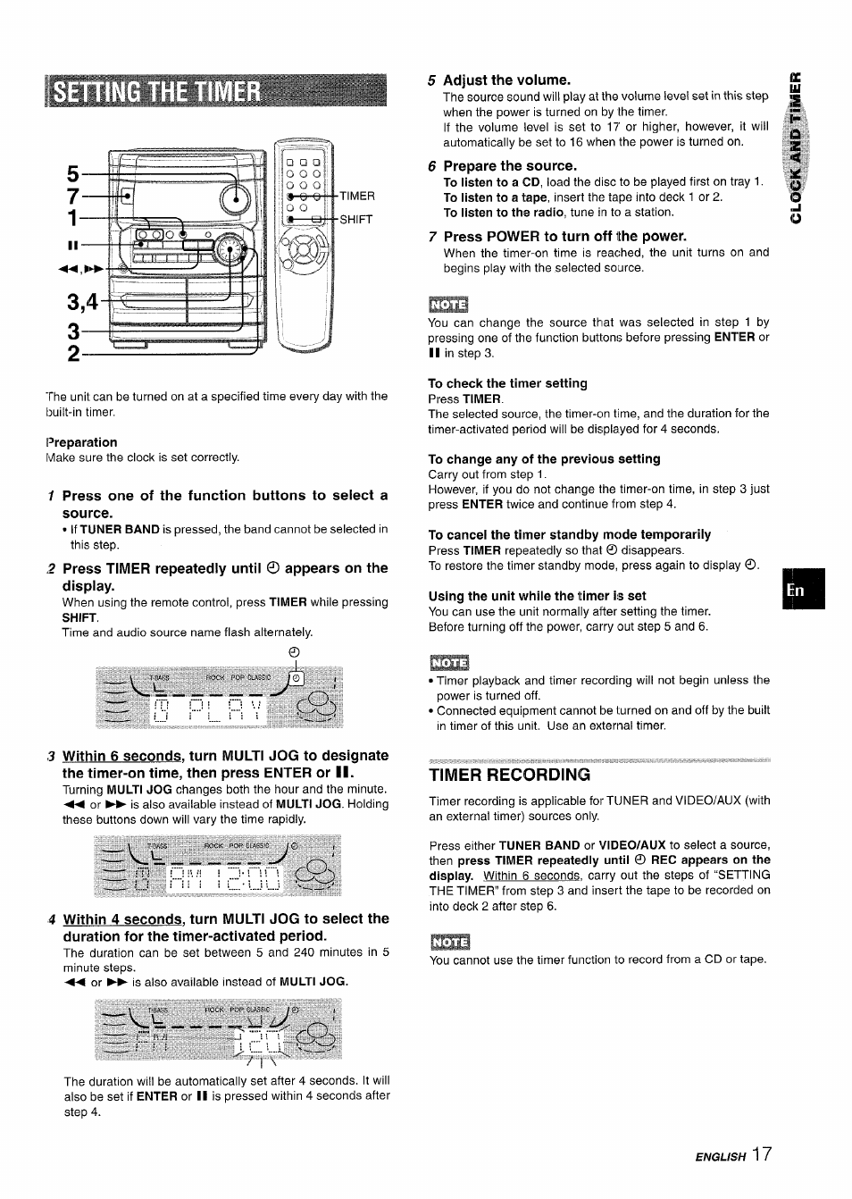 5 adjust the volume, 6 prepare the source, 7 press power to turn off the power | Preparation, To check the timer setting press timer, To change any of the previous setting, Using the unit while the timer is set, Timer recording | Aiwa CX-NA222 User Manual | Page 17 / 64