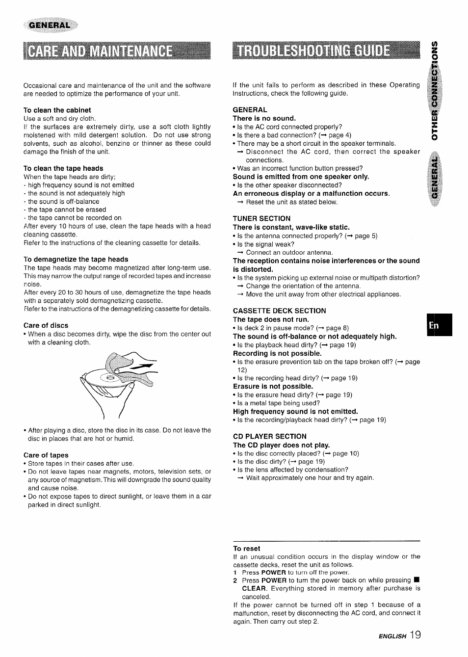 To clean the cabinet, To clean the tape heads, To demagnetize the tape heads | Care of discs, Care of tapes, General there is no sound, Tuner section, Cassette deck section the tape does not run, Cd player section the cd player does not play, To reset | Aiwa CX-NA222 User Manual | Page 19 / 64