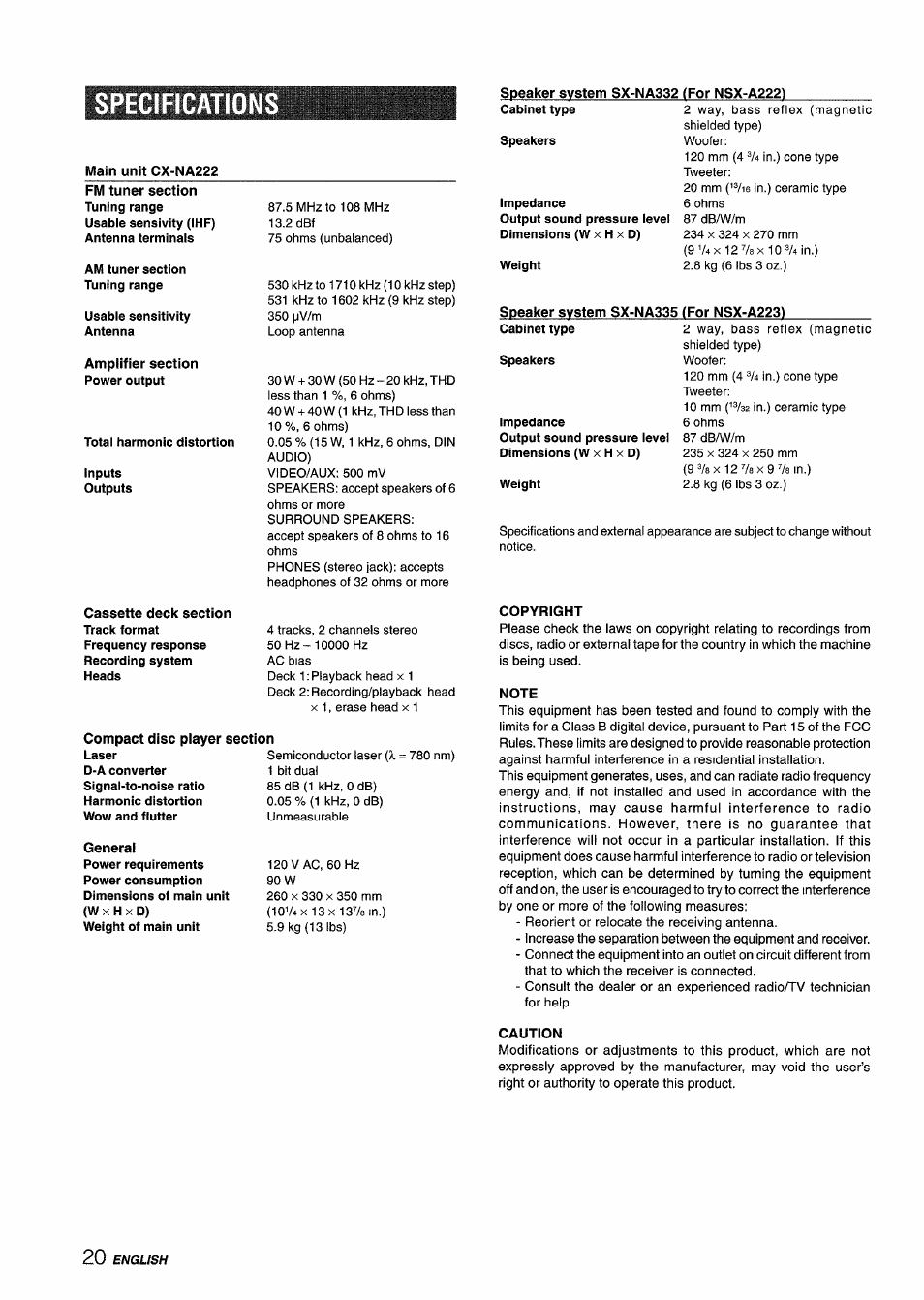 Specifications, Main unit cx-na222, Amplifier section power output | Compact disc player section, General, Copyright, Note, Caution | Aiwa CX-NA222 User Manual | Page 20 / 64