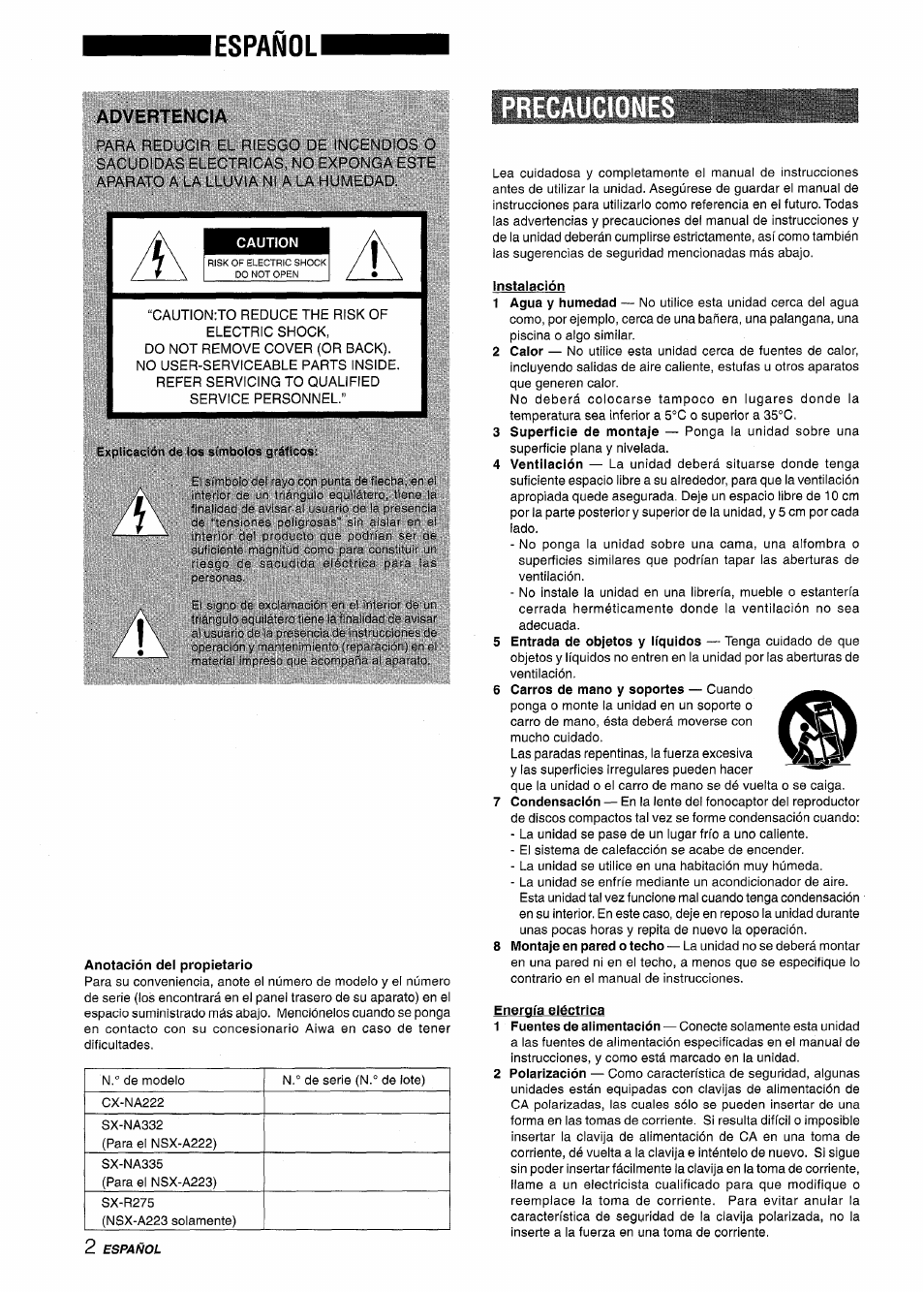 Lespañoli, Advertencia, Caution | Precaucio, Anotación del propietario, Instalación, Energía eléctrica | Aiwa CX-NA222 User Manual | Page 22 / 64