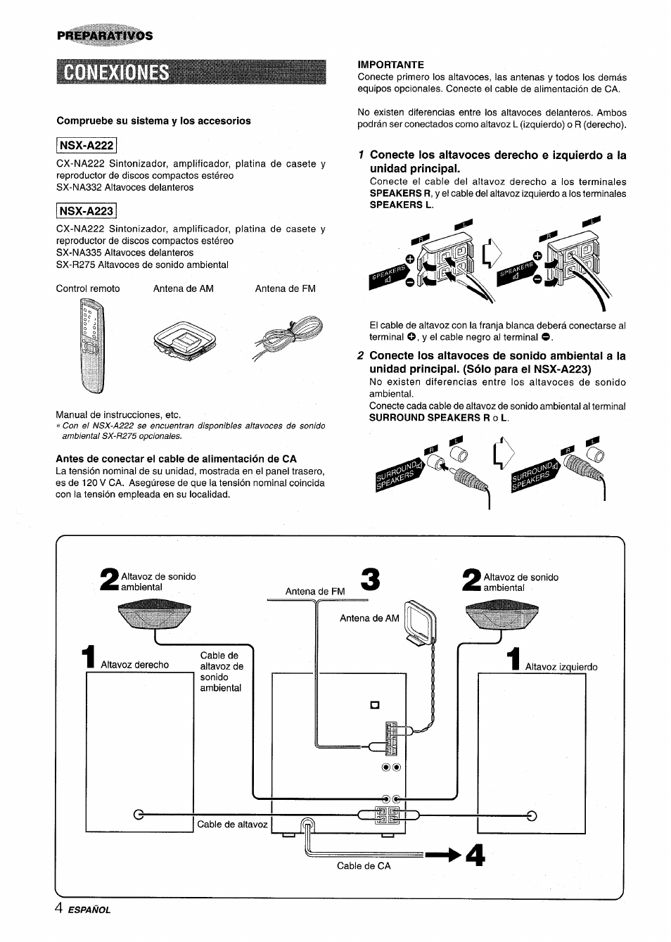 Compruebe su sistema y los accesorios, Antes de conectar el cable de alimentación de ca, Importante | Aiwa CX-NA222 User Manual | Page 24 / 64