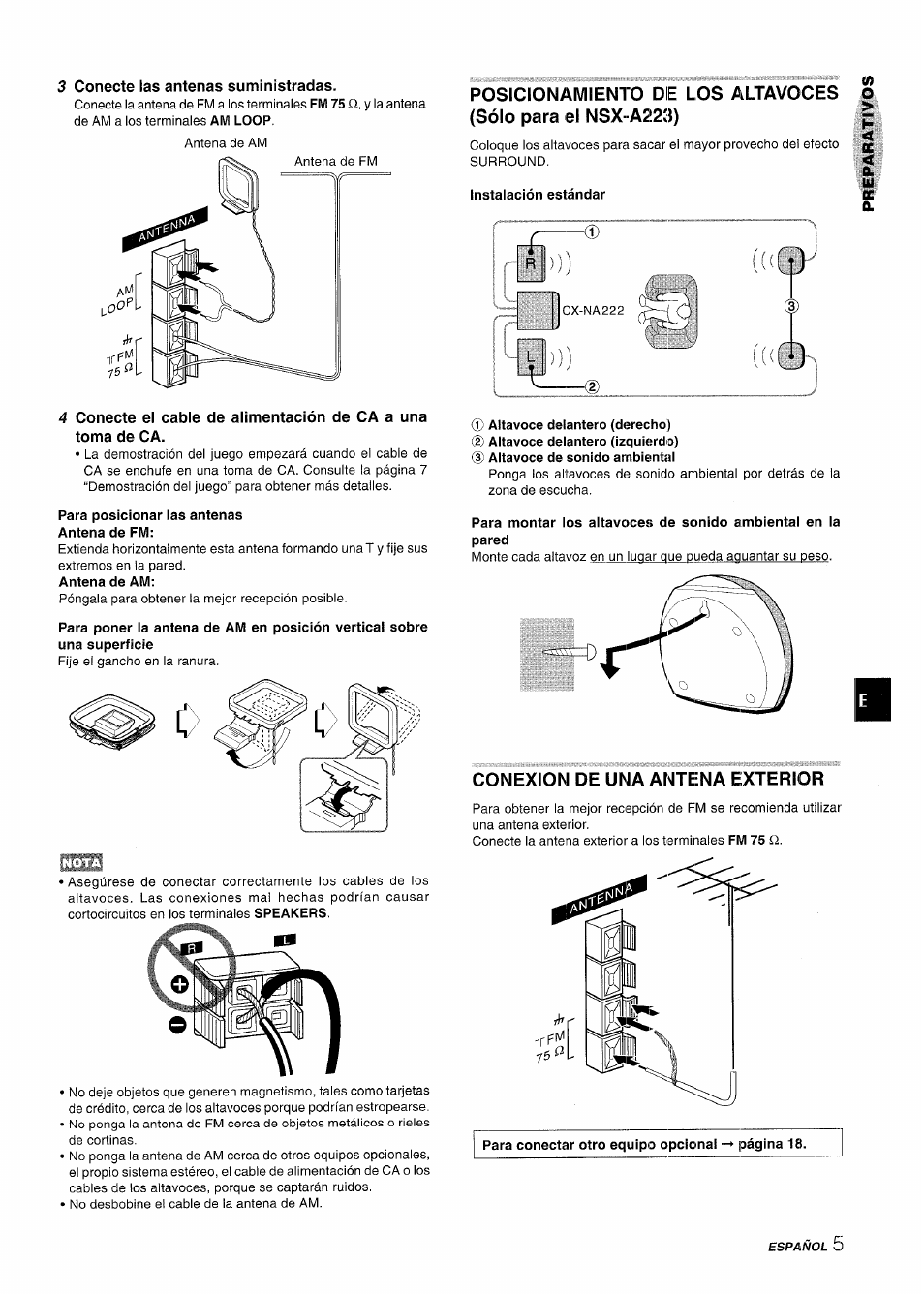 3 conecte las antenas suministradas, Para posicionar las antenas antena de fm, Instalación estándar | Altavoce delantero (derecho), Conexion de una antena exterior | Aiwa CX-NA222 User Manual | Page 25 / 64