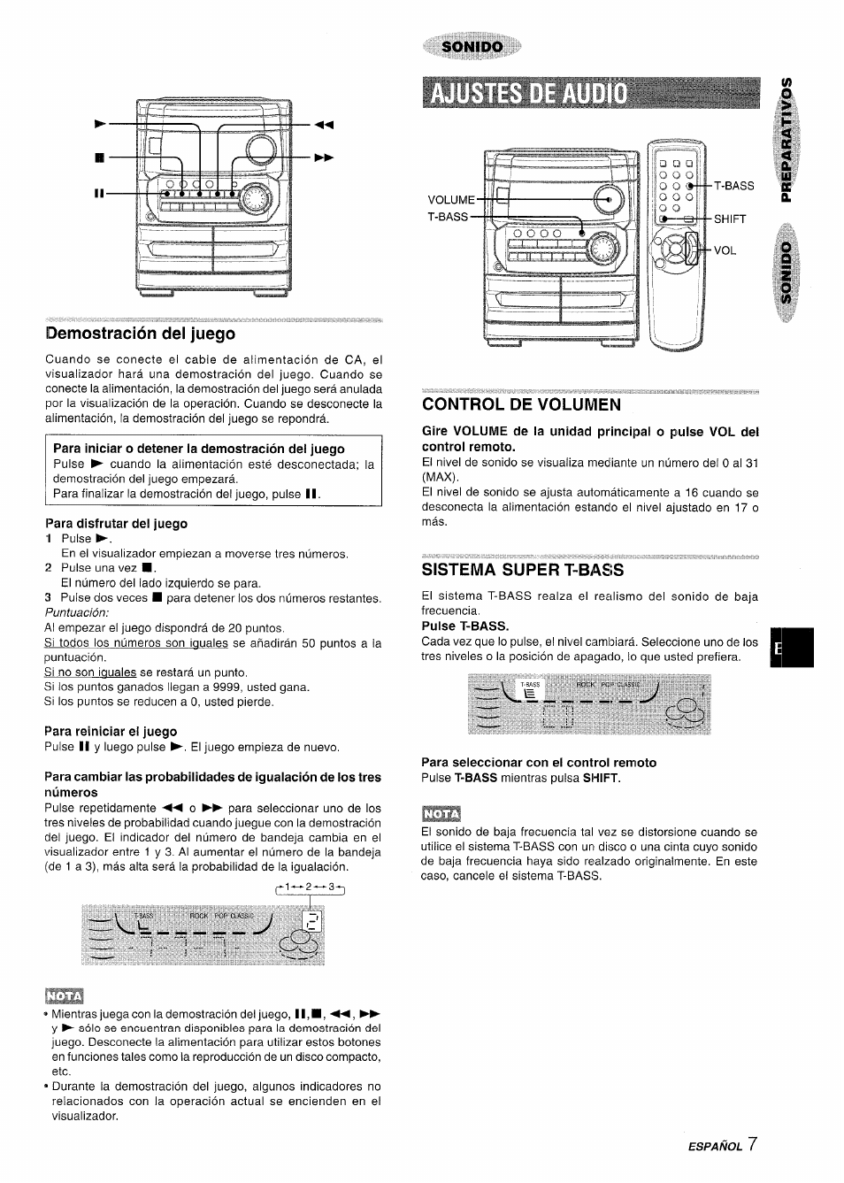 Demostración del juego, Para iniciar o detener ia demostración del juego, Para disfrutar del juego | Para reiniciar el juego, Control de volumen, Sistema super t-bass | Aiwa CX-NA222 User Manual | Page 27 / 64