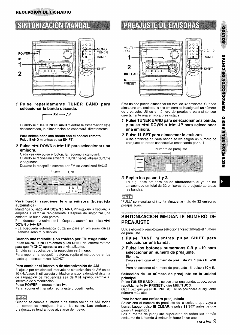 Para cambiar el intervalo de sintonización de am, Sintonizacion mediante numero de preajuste | Aiwa CX-NA222 User Manual | Page 29 / 64