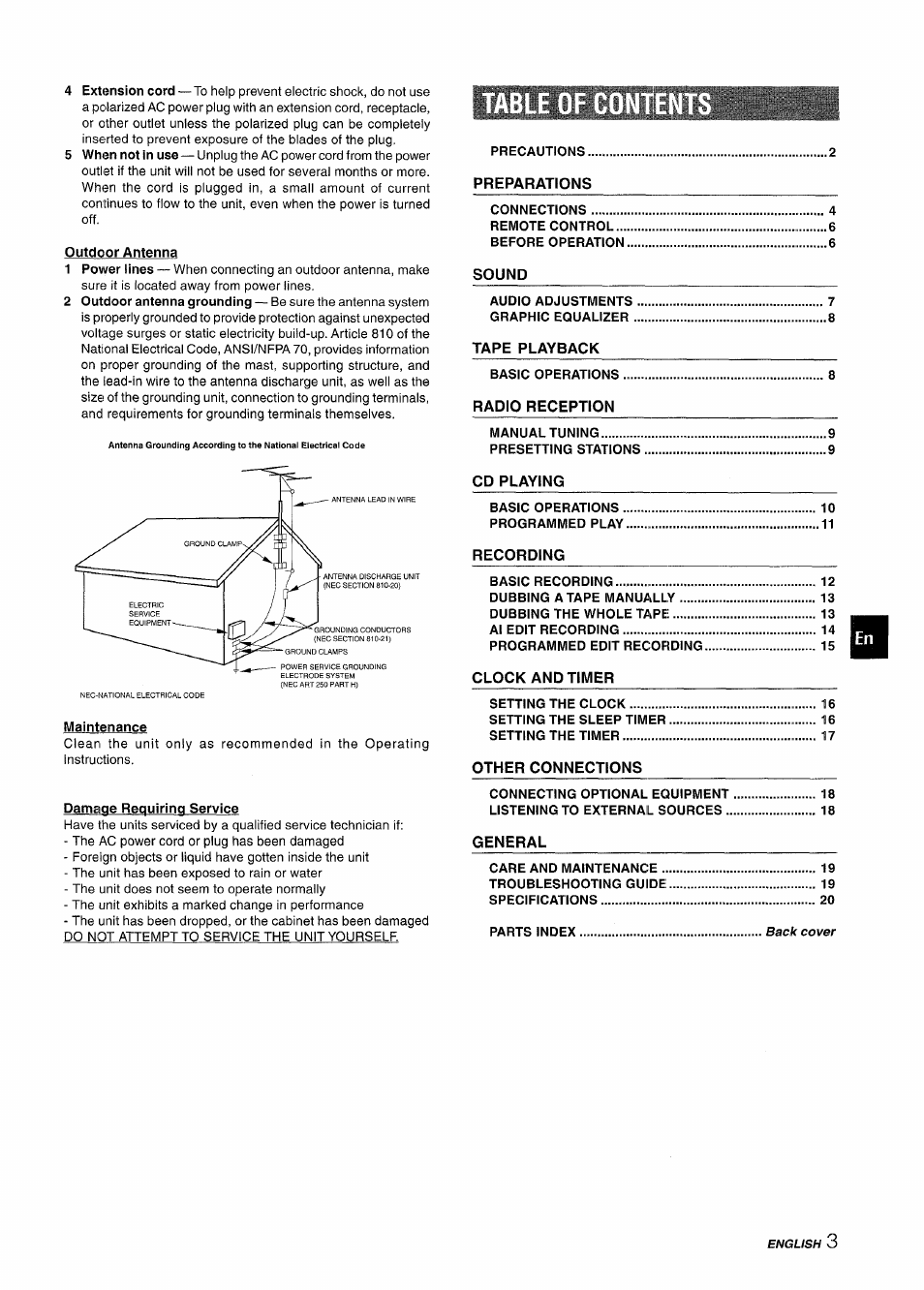 Outdoor antenna, Maintenance, Damage requiring service | Aiwa CX-NA222 User Manual | Page 3 / 64