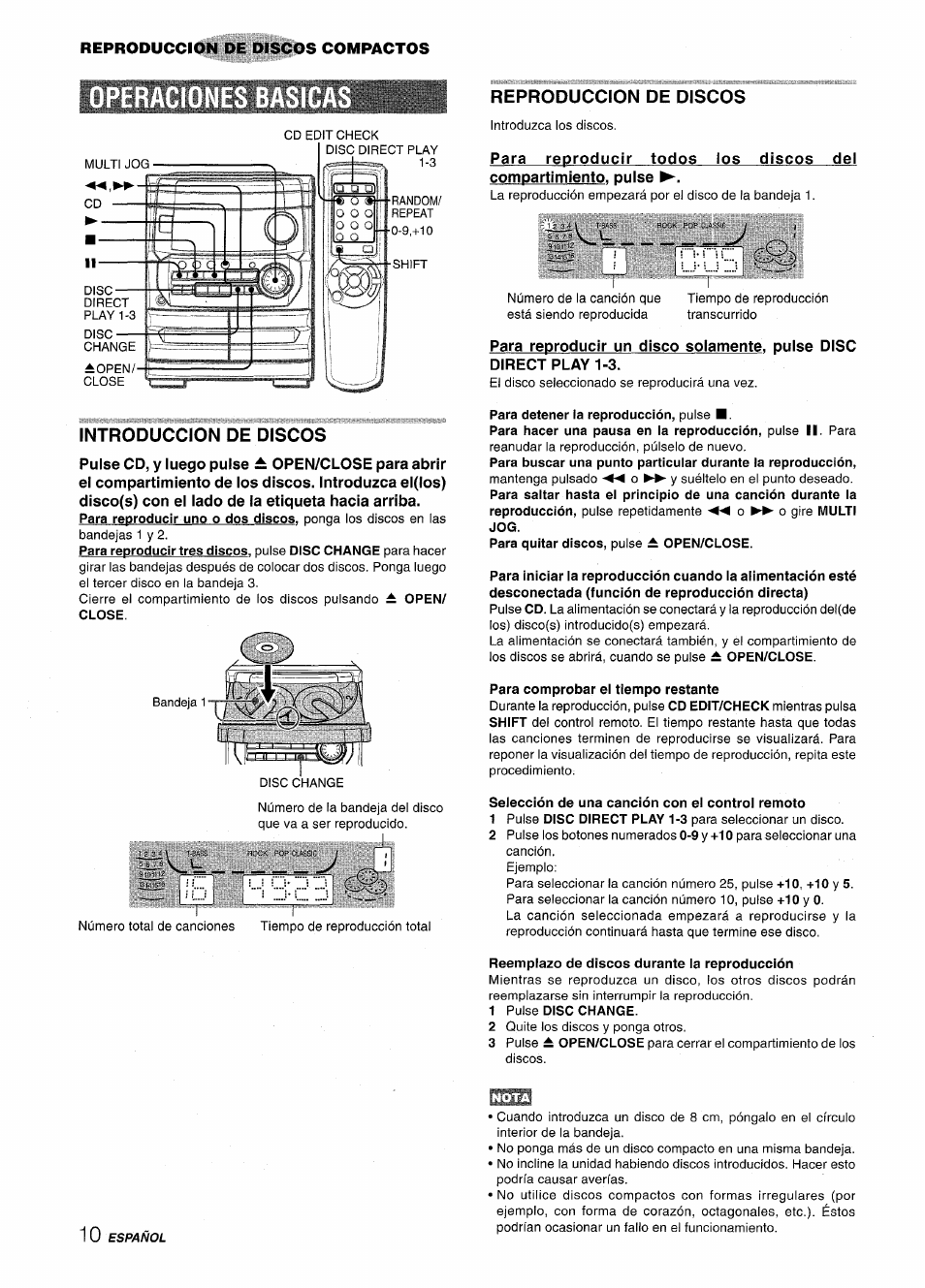 Operaciones, Introduccion de discos, Reproduccion de discos | Aiwa CX-NA222 User Manual | Page 30 / 64