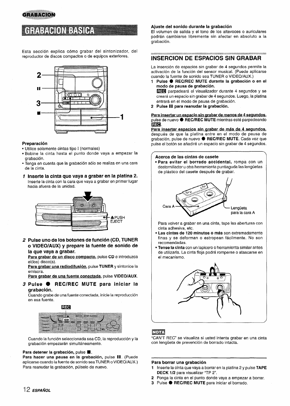 3 puise • rec/rec mute para iniciar ia grabación, Insercion de espacios sin grabar | Aiwa CX-NA222 User Manual | Page 32 / 64