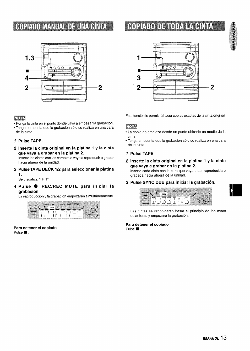 1 pulse tape, 3 pulse tape deck 1/2 para seleccionar la platina, 4 pulse # rec/rec mute para iniciar la grabación | 3 pulse sync dub para iniciar la grabación | Aiwa CX-NA222 User Manual | Page 33 / 64