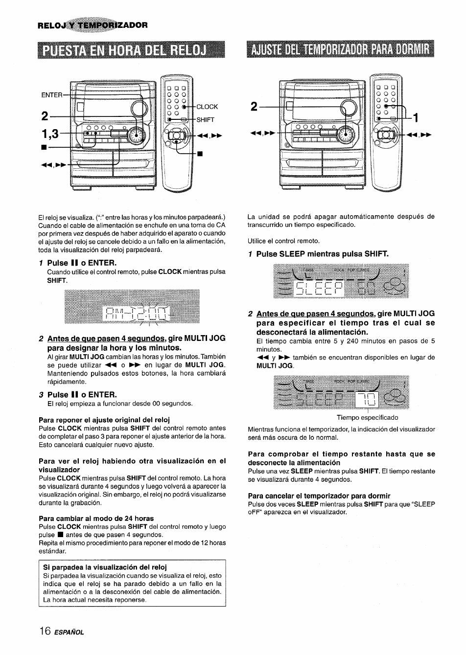 Ajuste del temporizador para dormir, 1 pulse ii o enter, 3 pulse lio enter | Para cambiar al modo de 24 horas, Si parpadea la visualización del reloj, 1 pulse sleep mientras pulsa shift, Para cancelar el temporizados para dormir | Aiwa CX-NA222 User Manual | Page 36 / 64