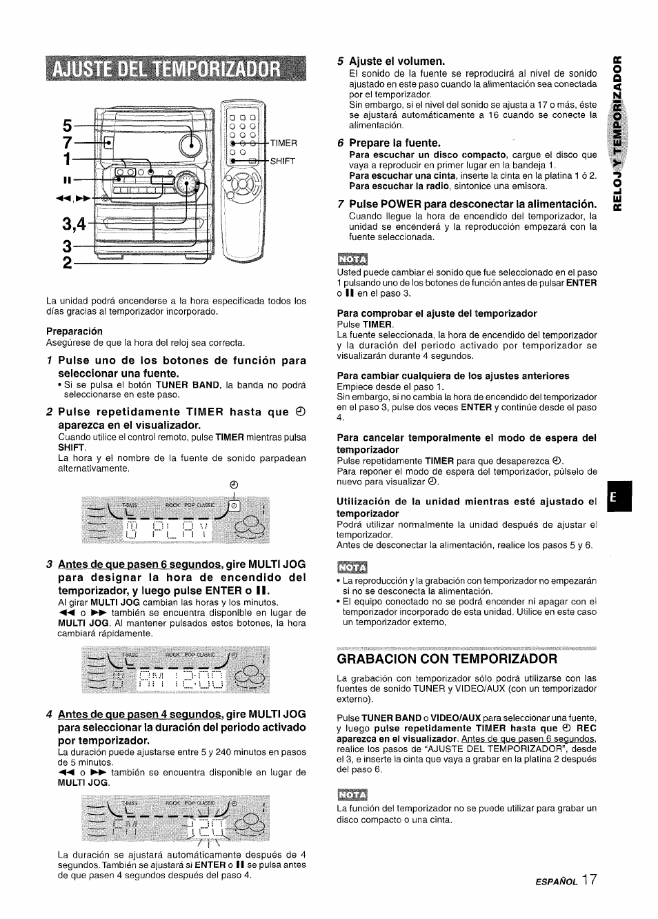 Preparación, Para cambiar cualquiera de los ajustes anteriores, Grabacion con temporizador | Aiwa CX-NA222 User Manual | Page 37 / 64