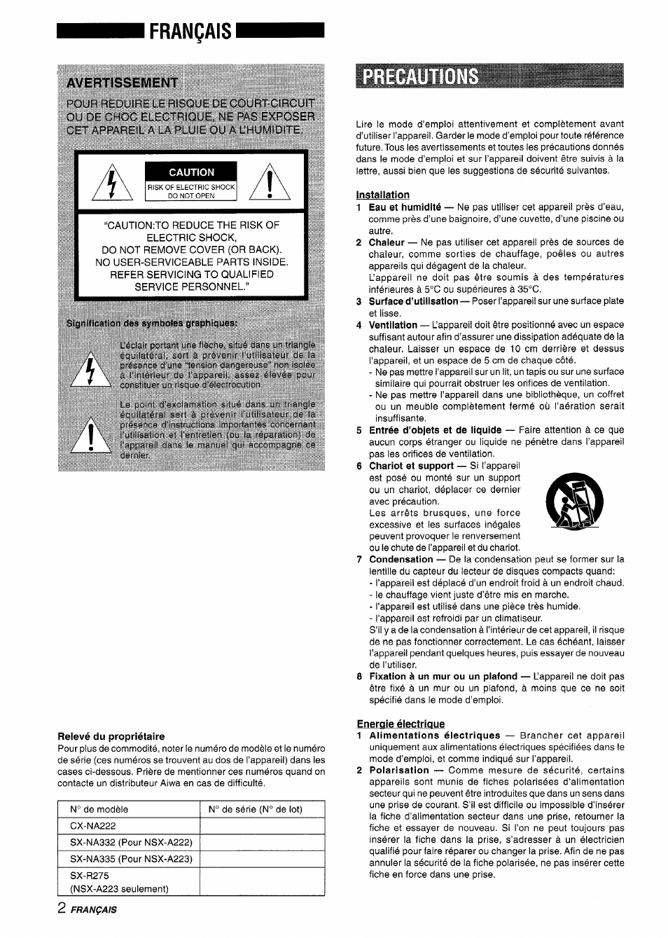 Français, Avertissement, Precauti | Caution, Relevé du propriétaire, Installation, Energie électrique, Precautions | Aiwa CX-NA222 User Manual | Page 42 / 64